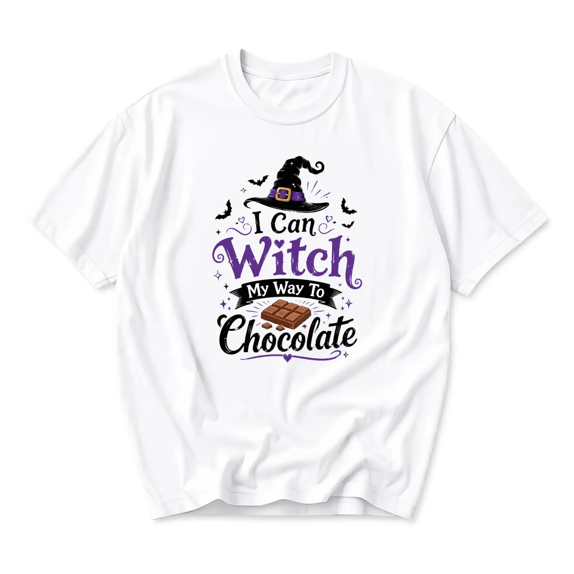 Funny Shirt I Can Witch My Way to Chocolate Graphic Printed T-Shirt Casual Short Sleeve Cotton Blend Unisex Tee