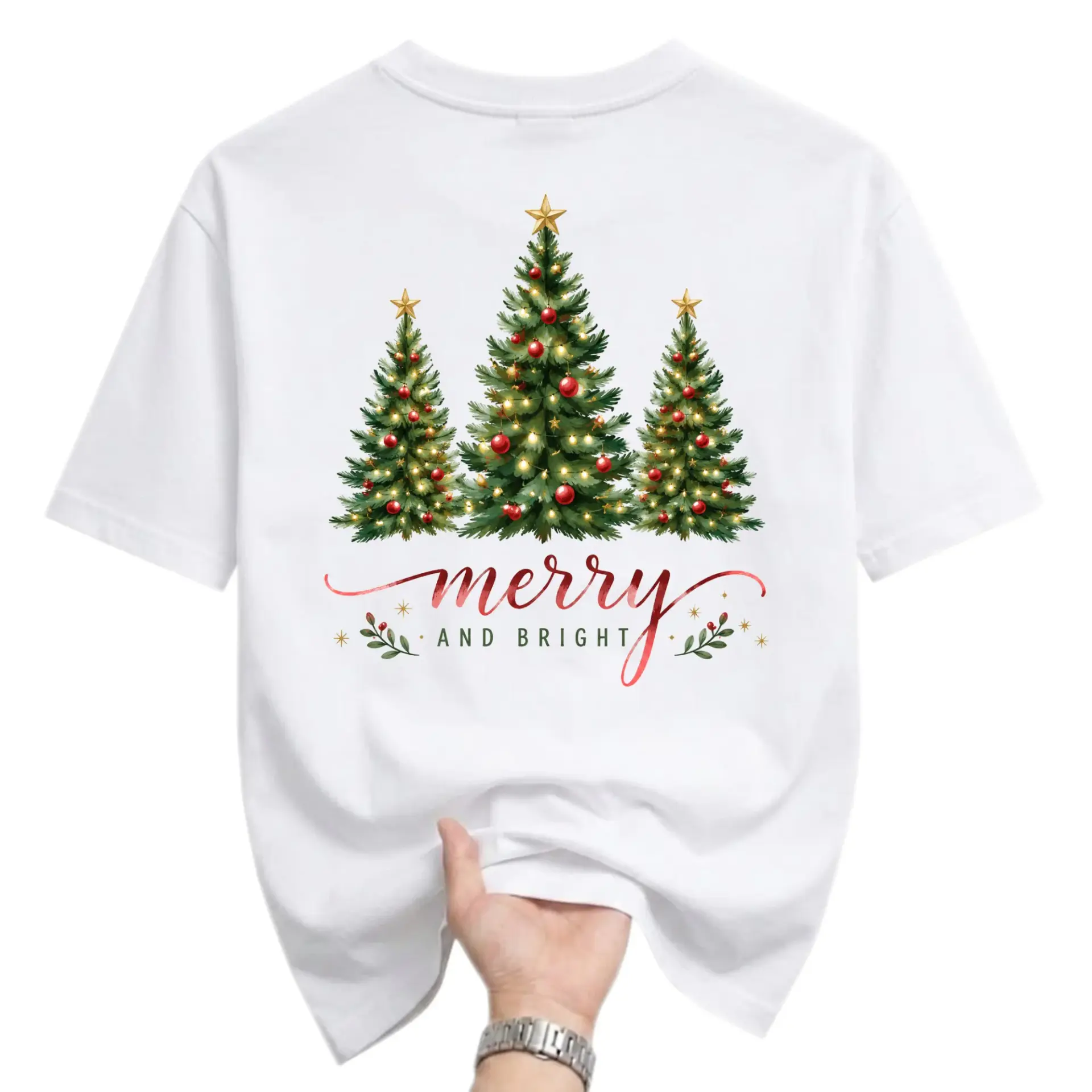 Graphic Tee Merry and Bright Christmas Tree Design Unisex Casual Everyday