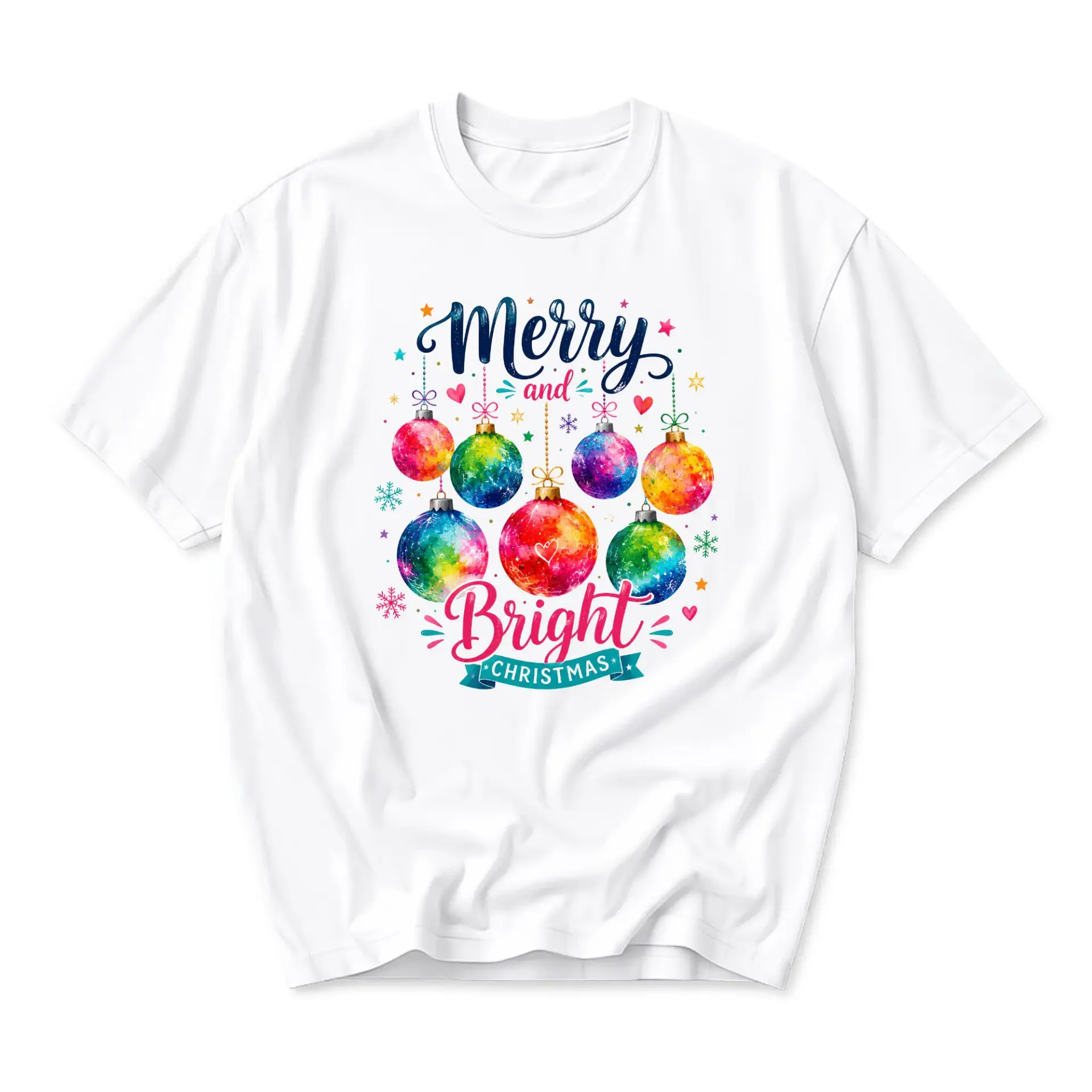 T-shirt Merry and Bright Christmas Graphic Tee Festive Holiday Ornaments Unisex Crew Neck Short Sleeve Cotton Top