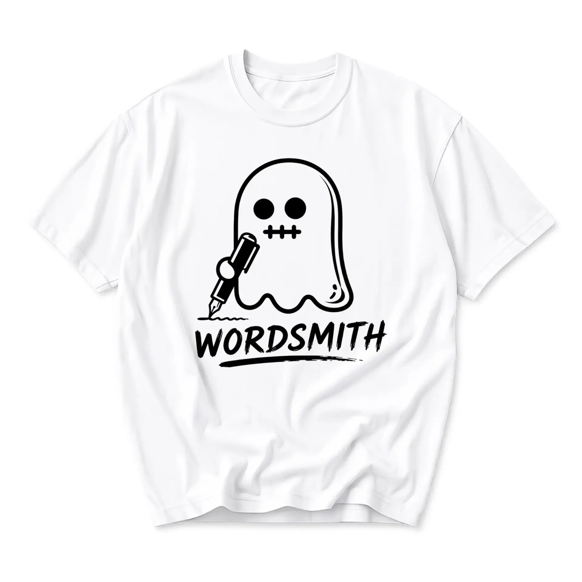 Graphic Tee Unisex Wordsmith Ghost Writing with Pen Design Casual Crew Neck Short Sleeve Soft Cotton Apparel Shirt