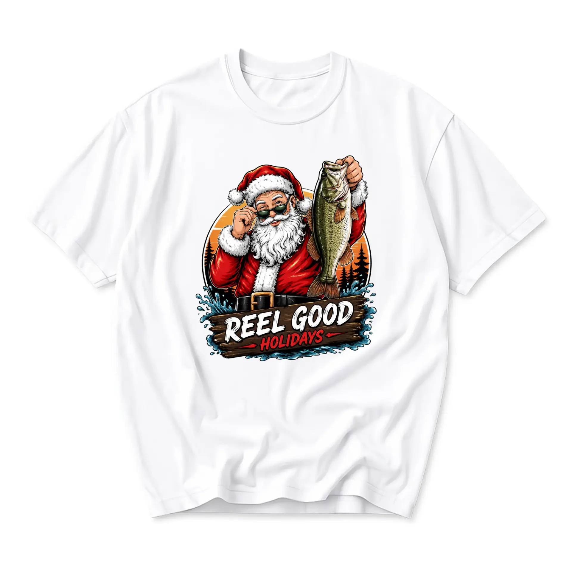 Funny Shirt Reel Good Holidays Santa Claus Fishing Graphic Tee Unisex Short