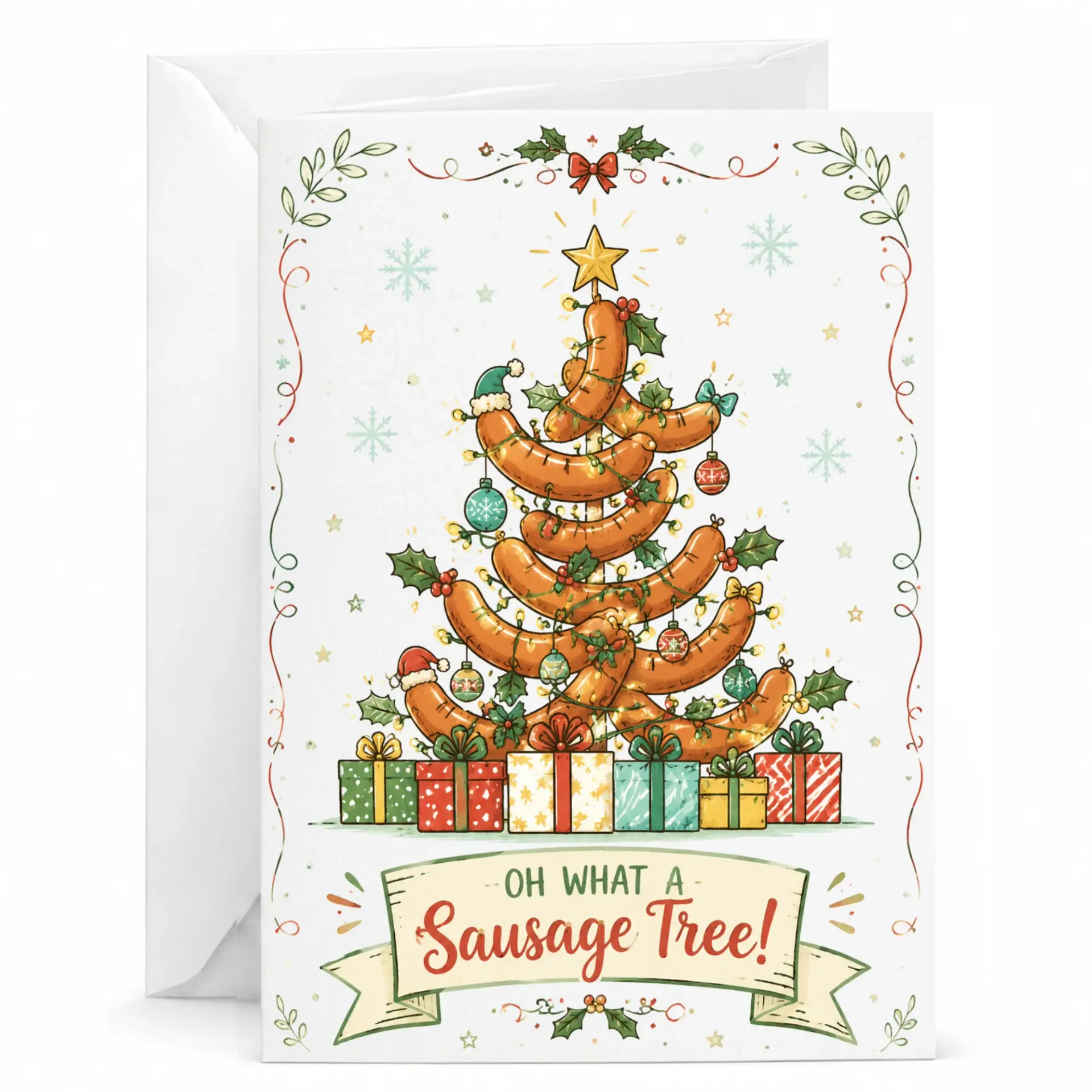 Funny Christmas Greeting Card, Oh What a Sausage Tree Holiday Card with Matching White Envelope, 5x7 Inches