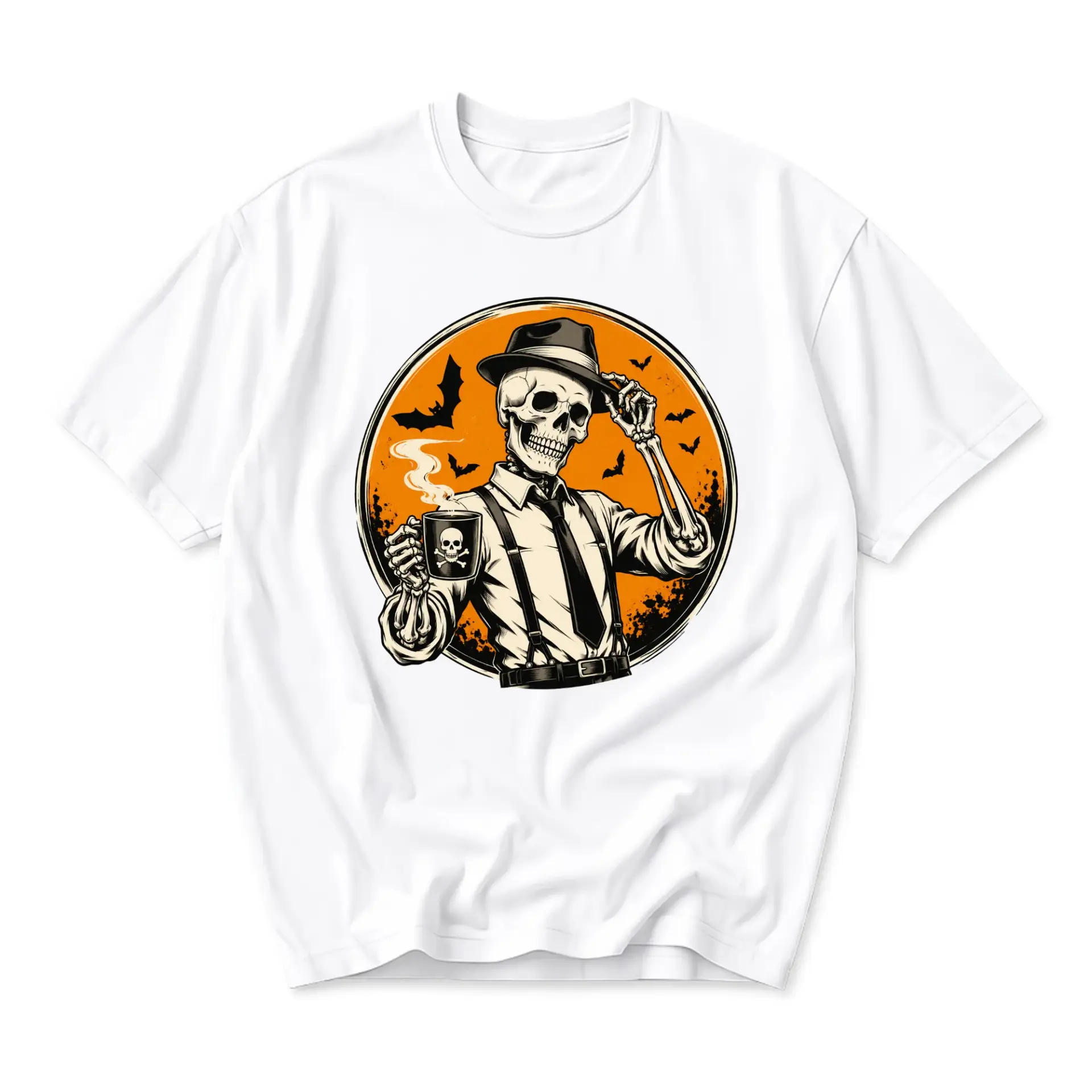 Funny Shirt Skeleton Drinking Coffee Graphic Tee Hat and Tie Illustration Unisex Crew Neck Casual Cotton Top
