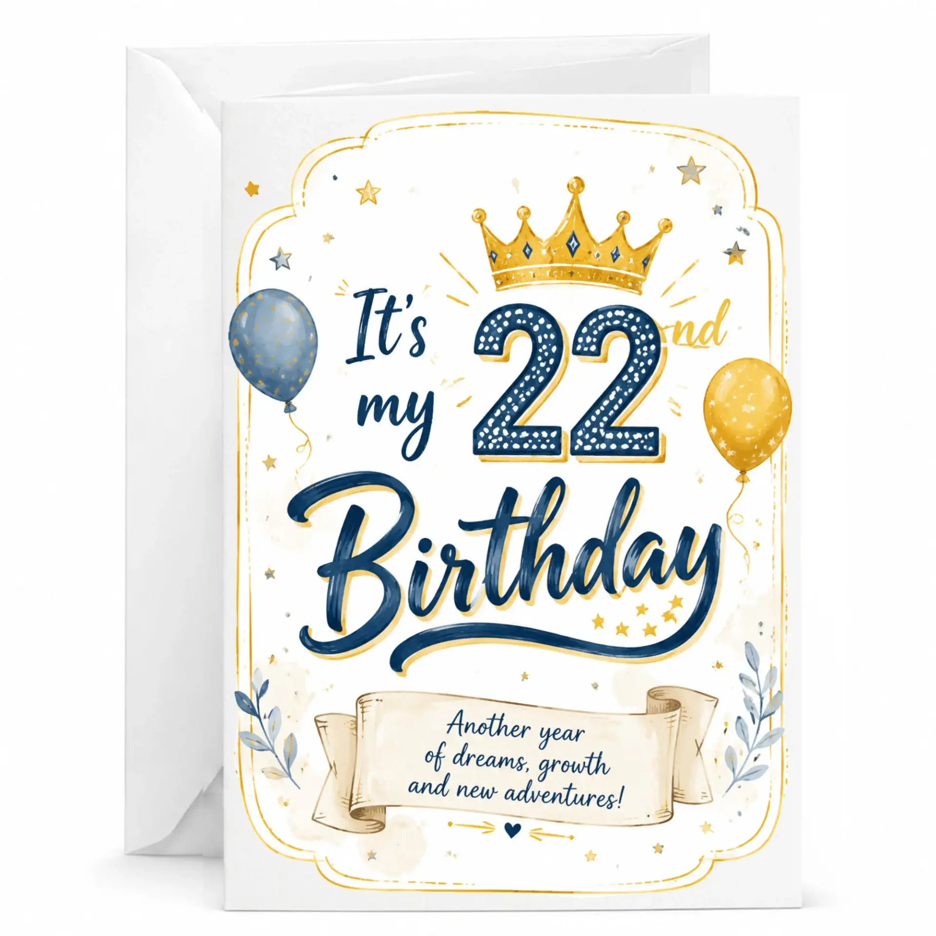 Greeting Card for 22nd Birthday Celebration Elegant Royal Crown Design with Balloons and Wishes for New Adventures