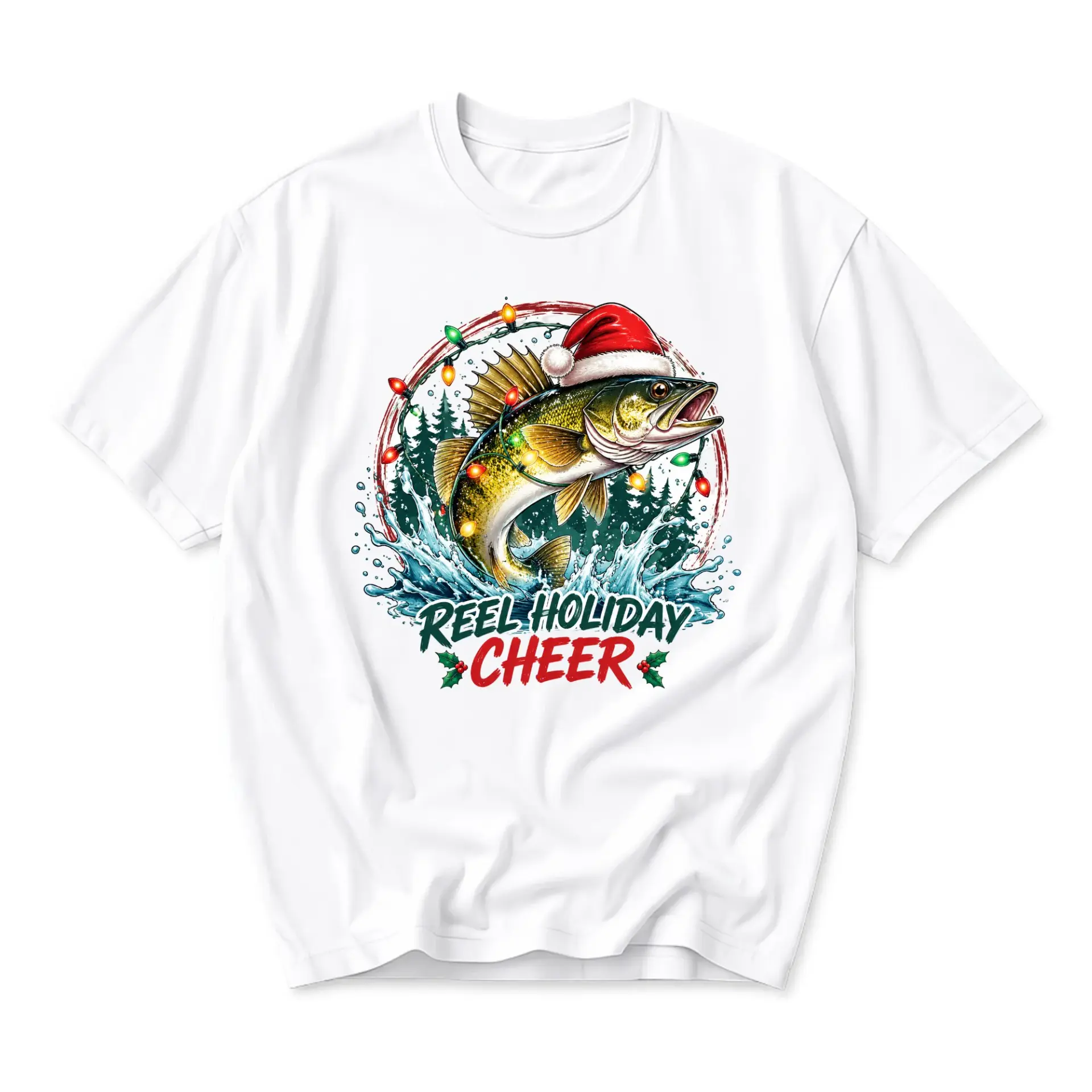Graphic Tee Reel Holiday Cheer Fishing Christmas Shirt Unisex Casual Crew Neck Comfortable Cotton Blend Apparel