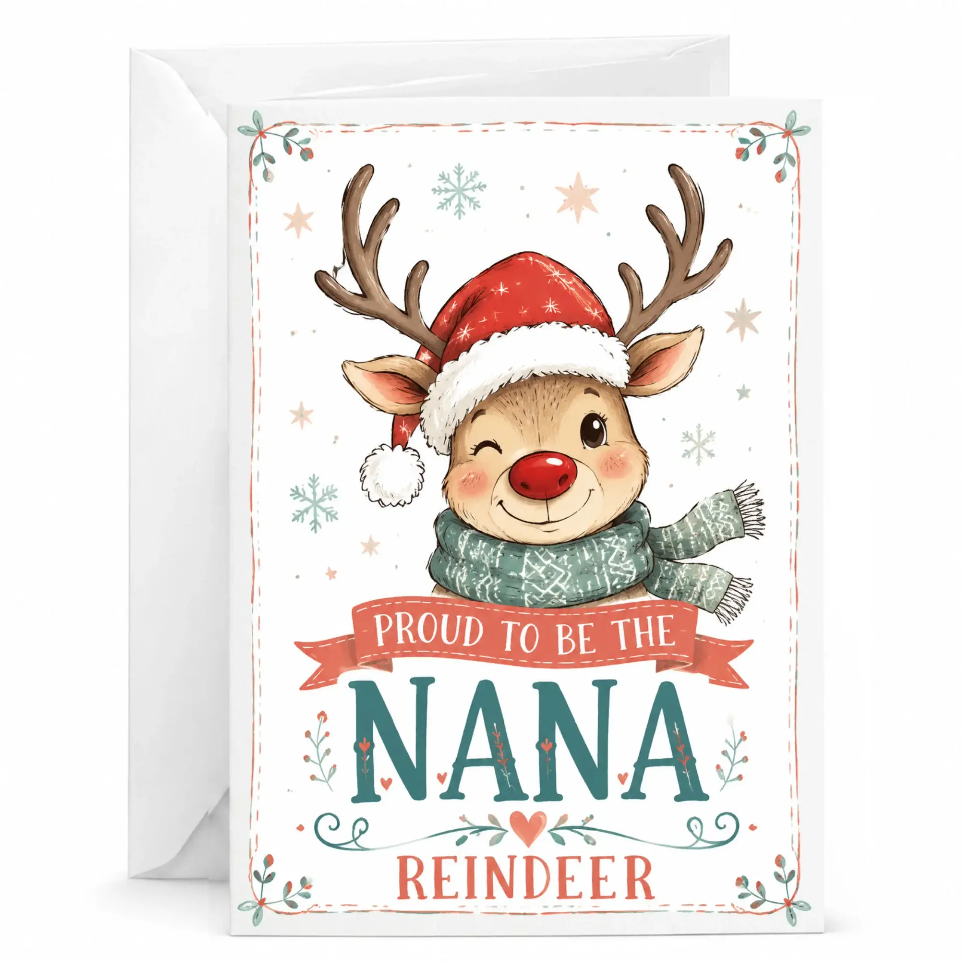 Greeting Card Proud to Be the Nana Reindeer Festive Holiday Illustration for Personal Handwritten Messages