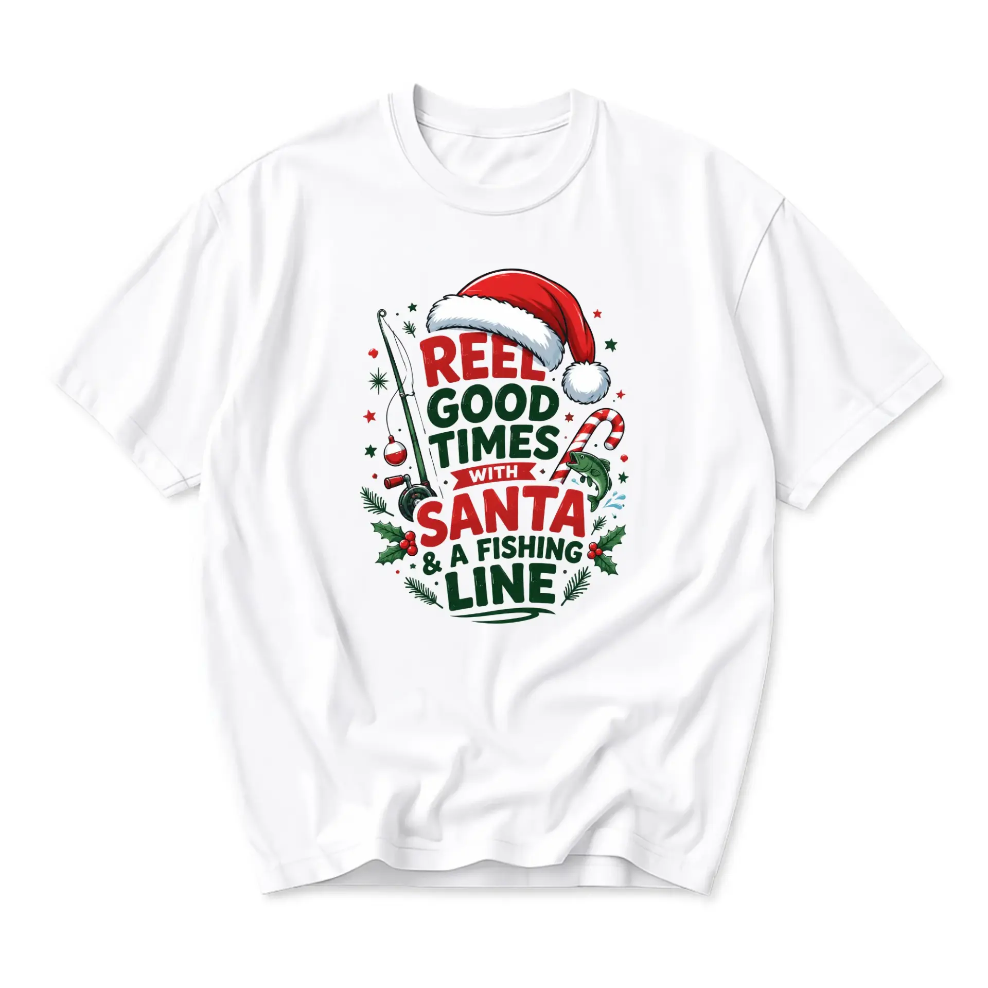 Funny Shirt Reel Good Times with Santa Graphic Tee Holiday Fishing Themed Unisex Crew Neck Casual Everyday Apparel