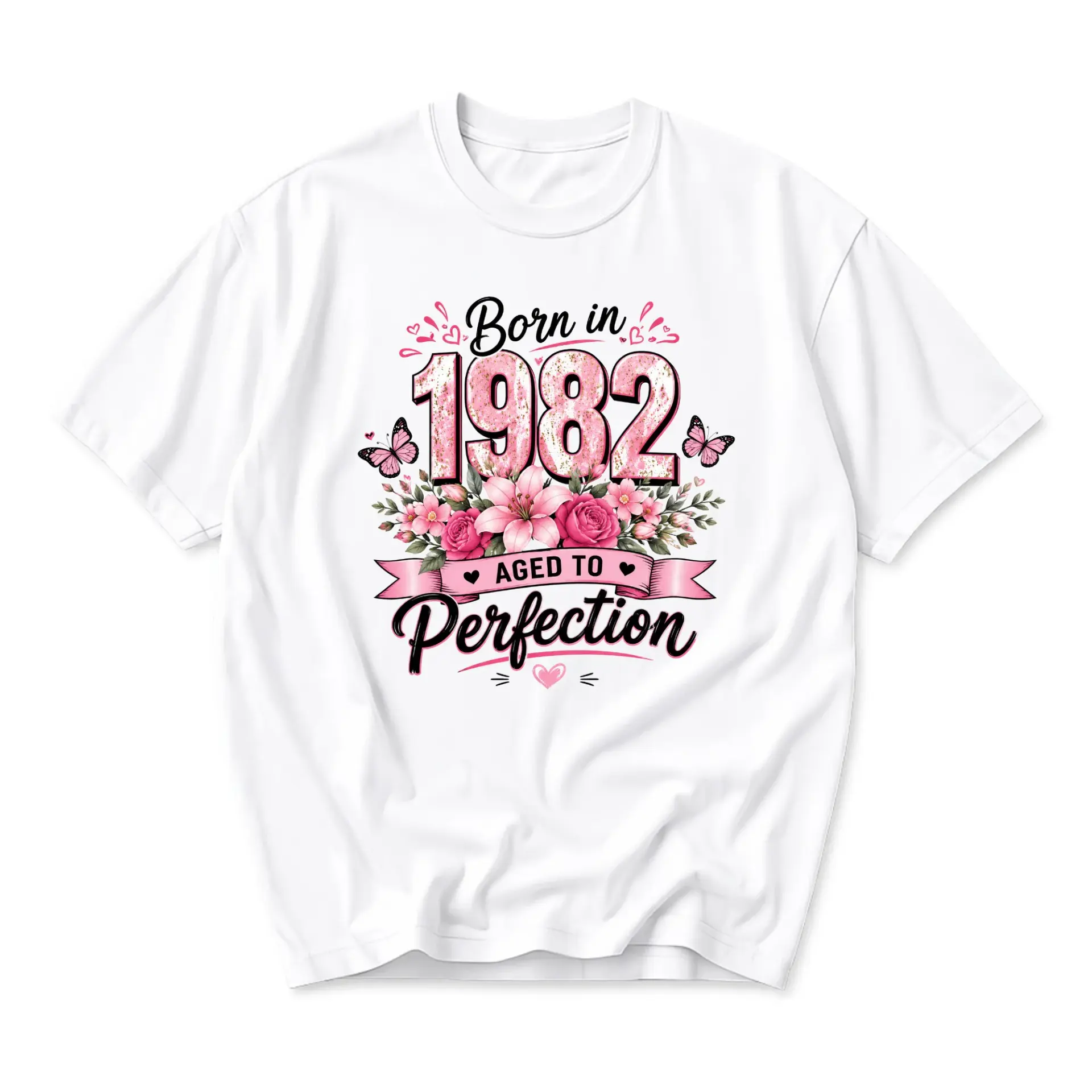 Graphic Tee Born in 1982 Aged to Perfection Floral Butterfly Design Unisex