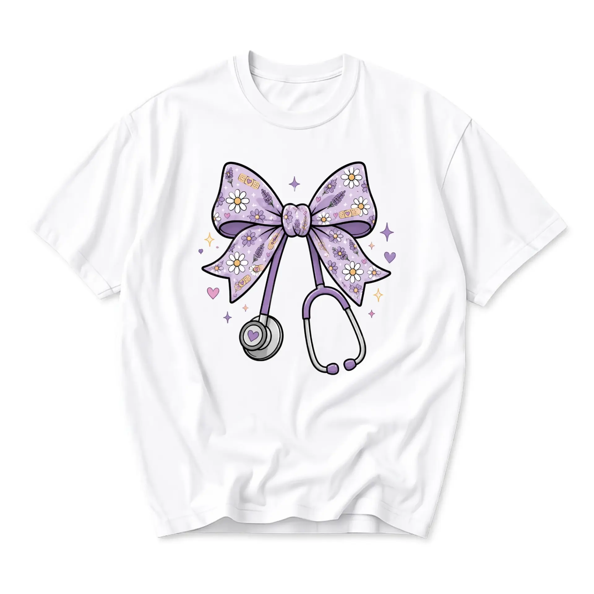 Graphic Tee Nurse Stethoscope and Lavender Bow Design White Short Sleeve Unisex Crew Neck Cotton Comfort Shirt