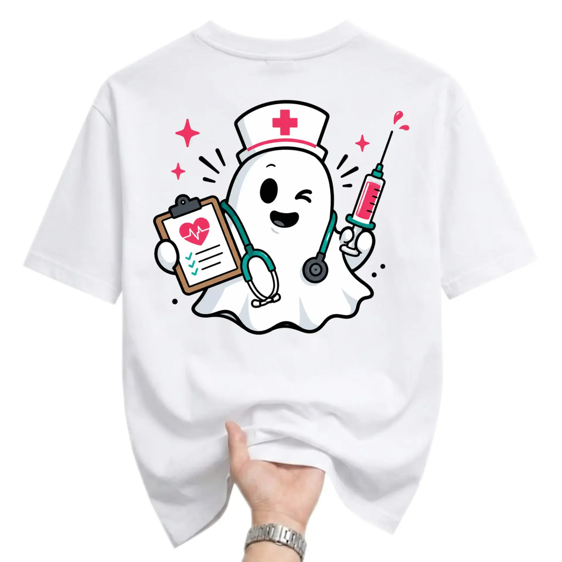 Funny Shirt Featuring a Cute Ghost Nurse Character Graphic Print Unisex Crew Neck Casual Everyday Wear Cotton Tee