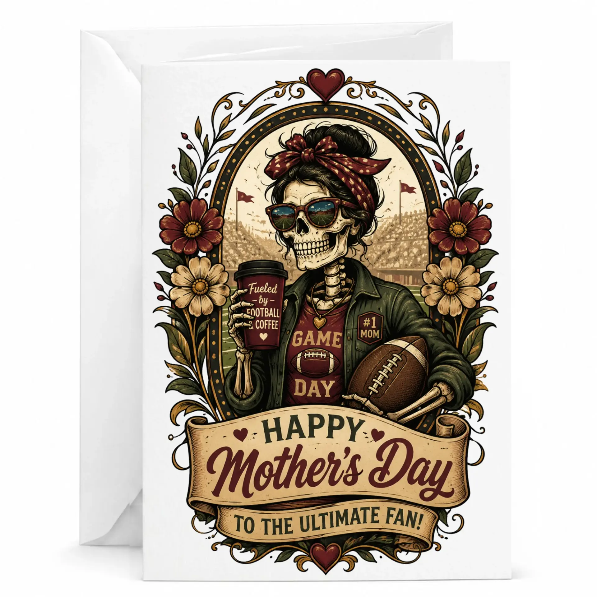 Funny Football Mother's Day Greeting Card Sports Fan Skeleton Illustration Premium Stationery for Game Mom