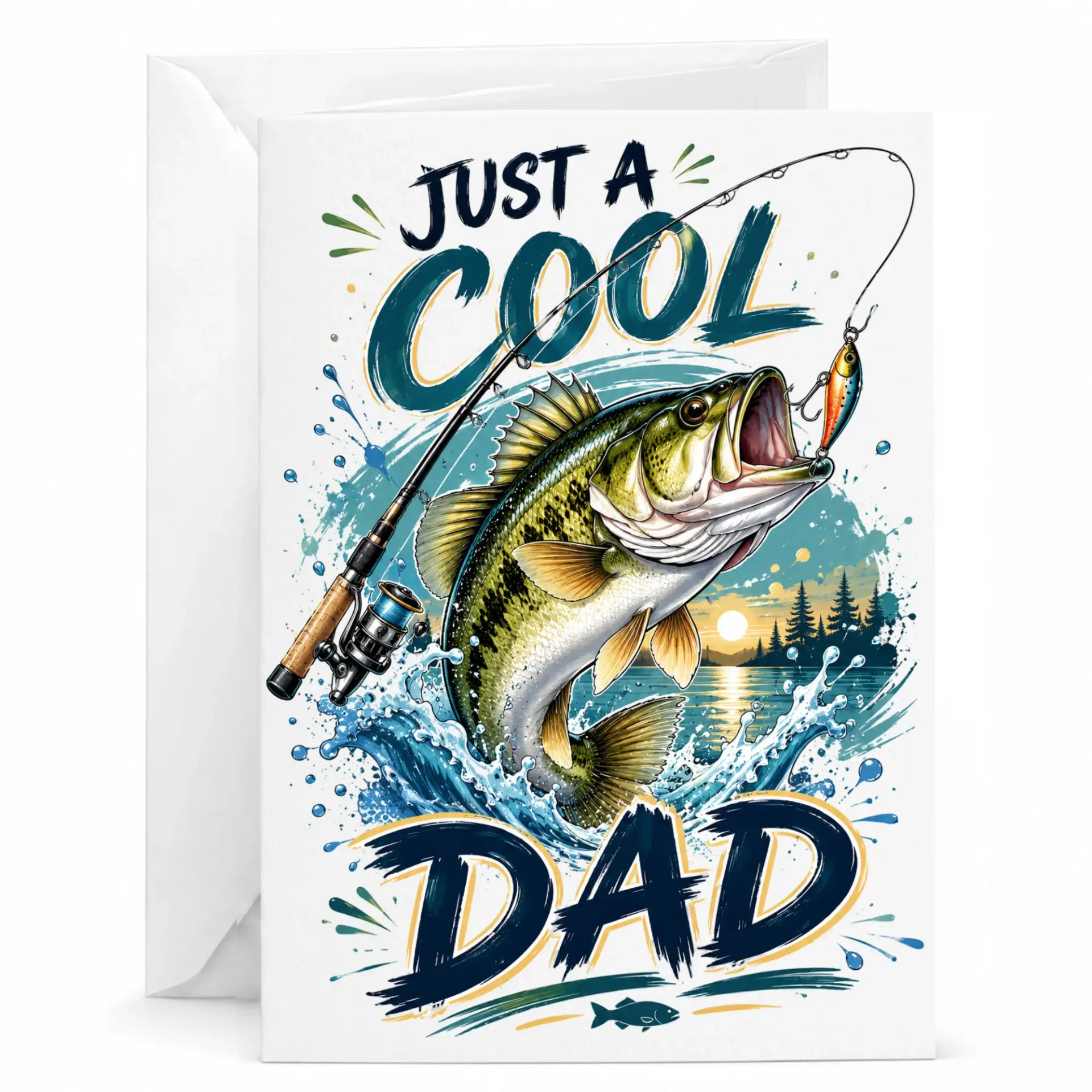 Funny Fishing Greeting Card Just a Cool Dad for Fisherman Fathers Day Birthday Gift with Included Matching Envelope