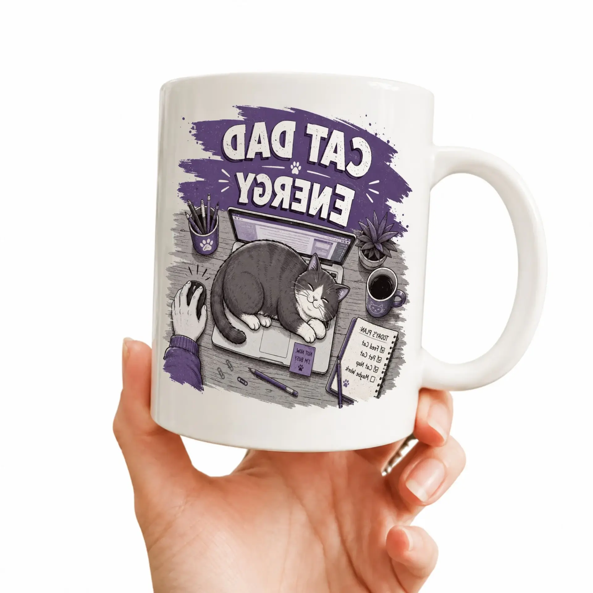 Funny Cat Dad Energy Coffee Mug with Cute Pet Illustration and Blue Handle for Lovers Office Desk Decor
