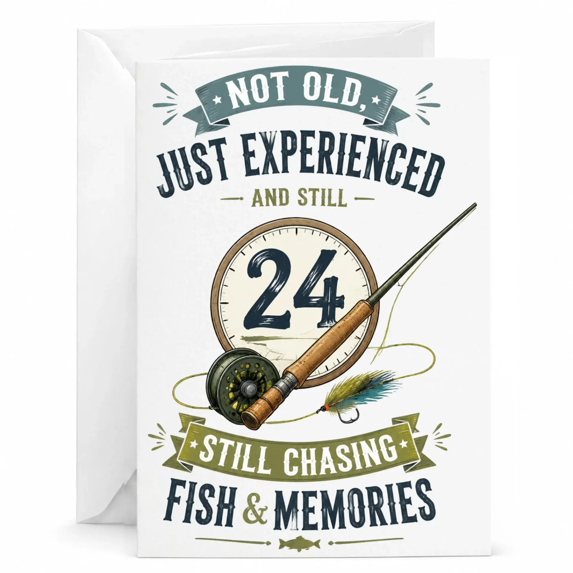 Funny Birthday Card for Fisherman Featuring 24th Birthday Theme with Fishing Rod Illustration and Humorous Quote
