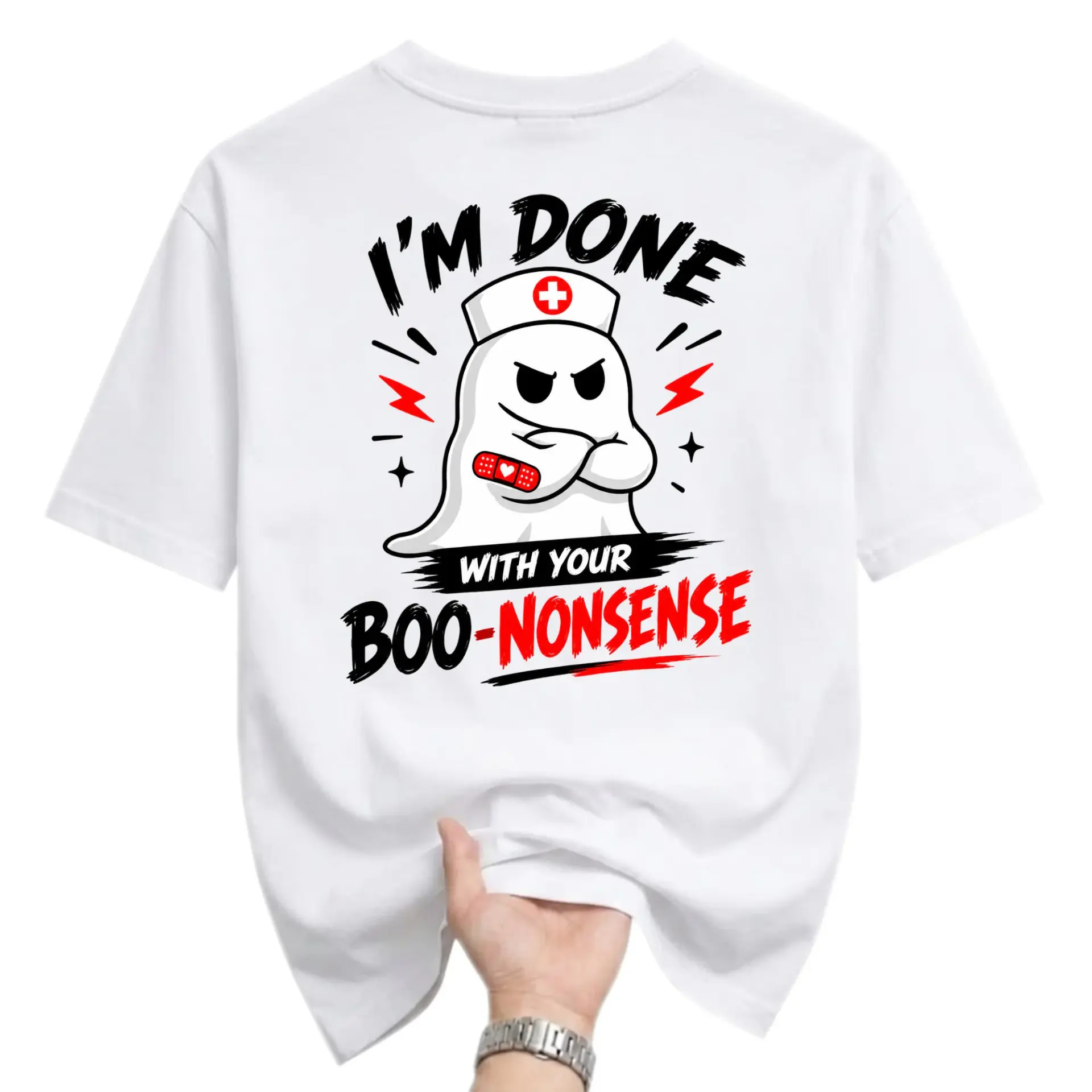 Funny Shirt I'm Done with Your Boo-Nonsense Nurse Ghost Graphic Tee Casual Unisex Crew Neck Cotton Blend T-Shirt