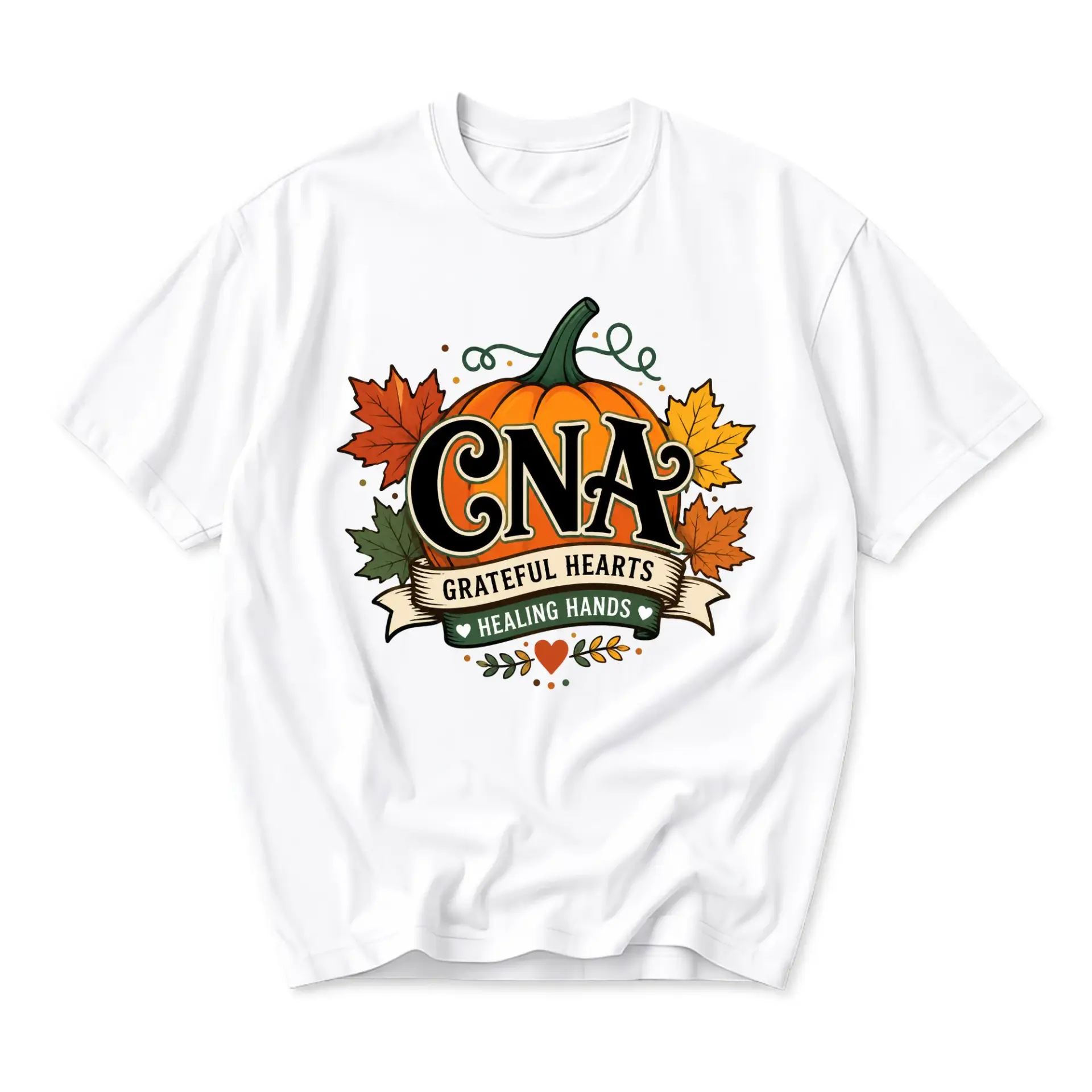 Graphic Tee Cna Grateful Hearts Healing Hands Pumpkin Fall Leaves Unisex Crew Neck Short Sleeve Casual Shirt Apparel