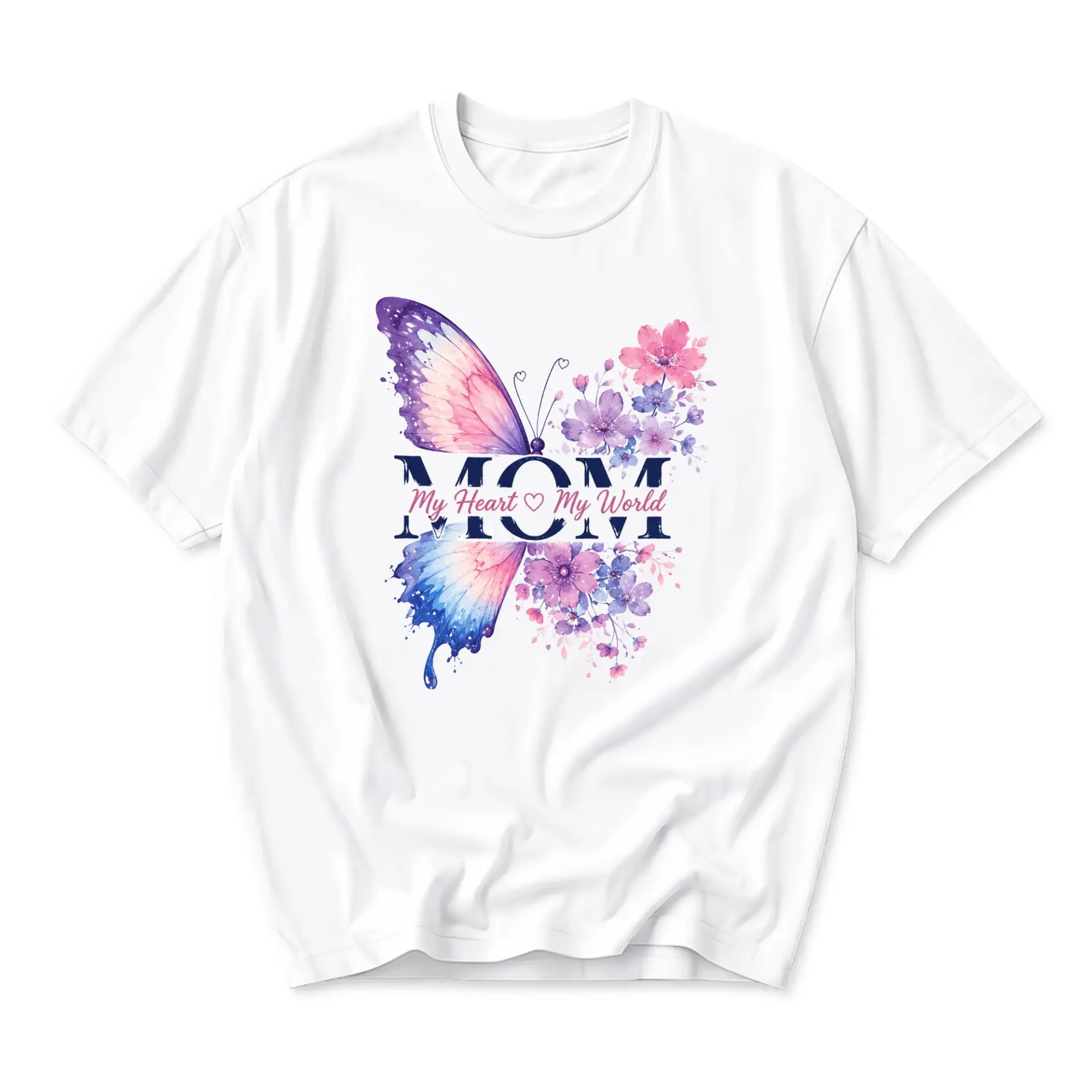 Graphic Tee Mom My Heart My World Butterfly Floral Print Unisex Crew Neck Casual Shirt Soft Everyday Cotton Apparel