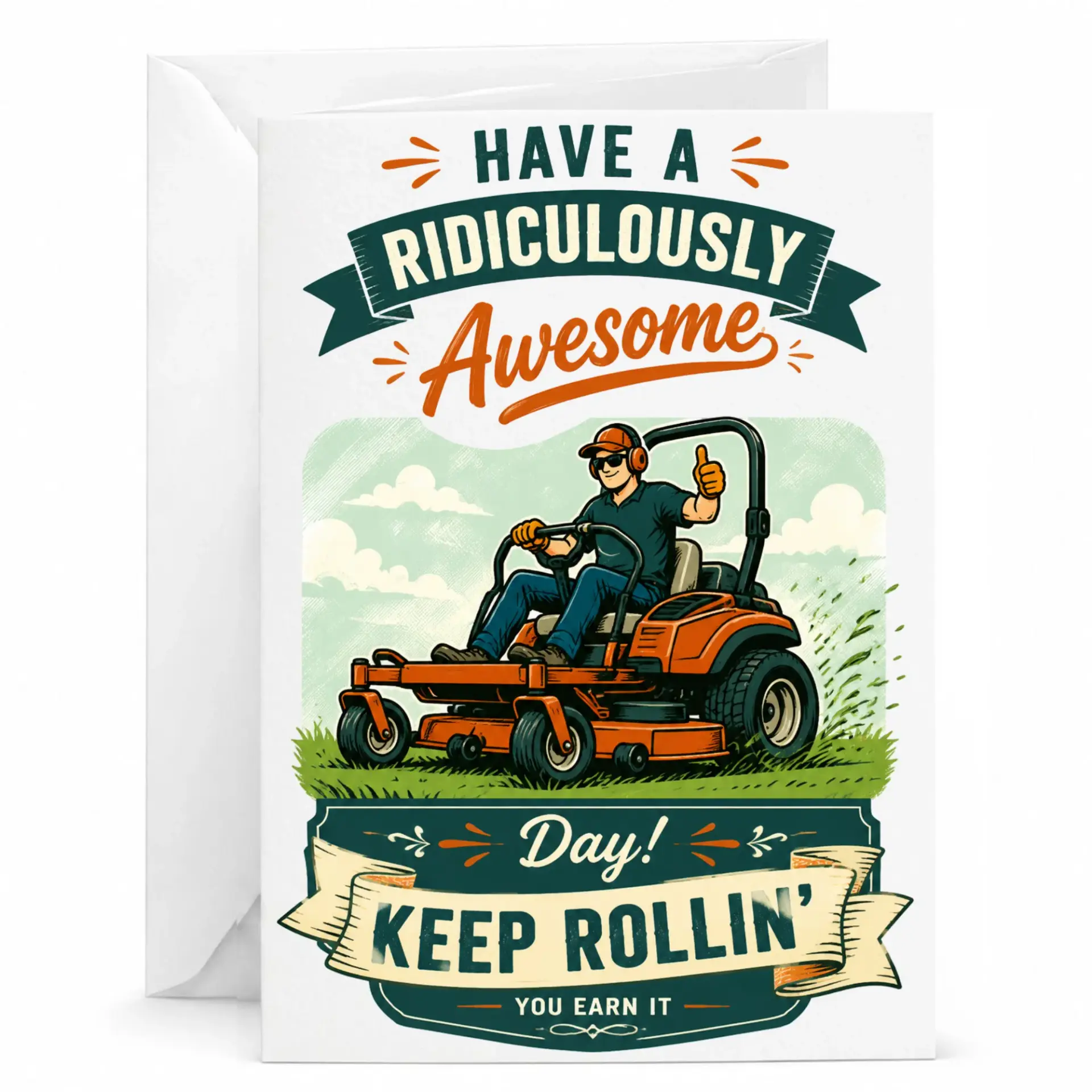 Funny Greeting Card for Lawn Care Enthusiasts Featuring a Man Driving a Mower with a Ridiculously Awesome Day Message