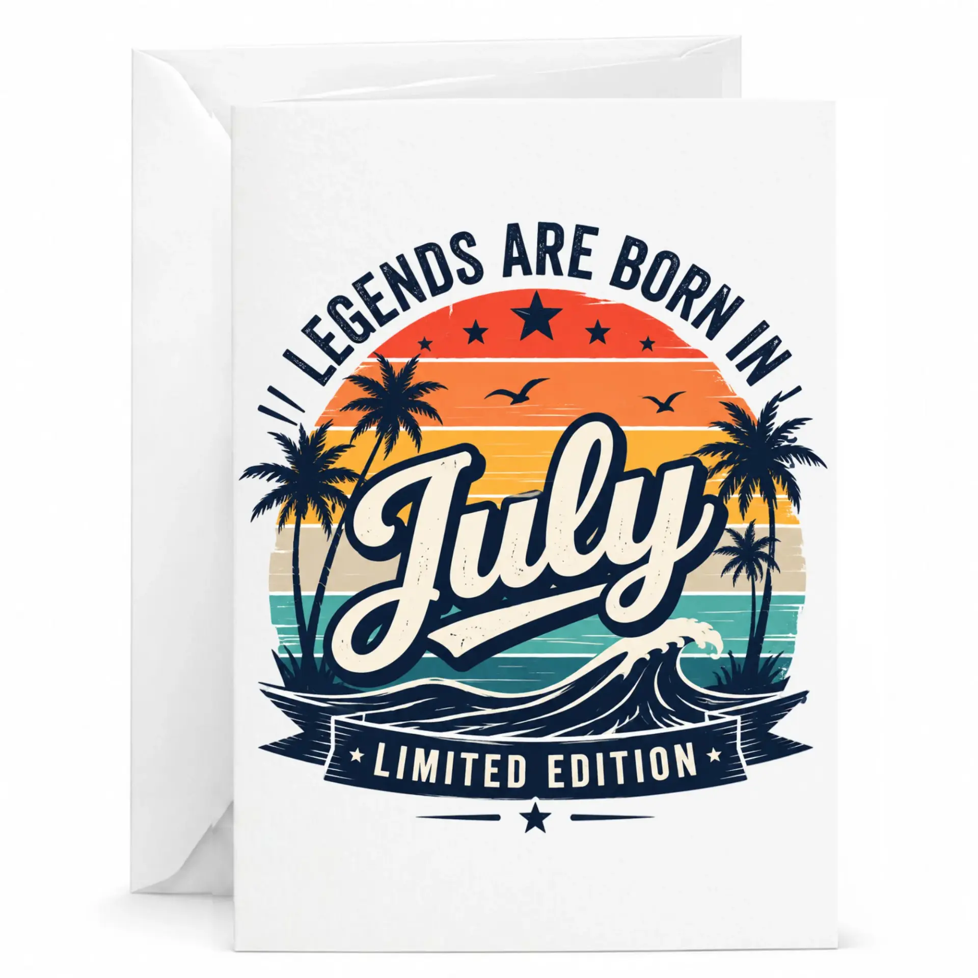 Birthday Card Legends Are Born in July Vintage Tropical Sunset Design Greeting Card for Birth Month Celebrations