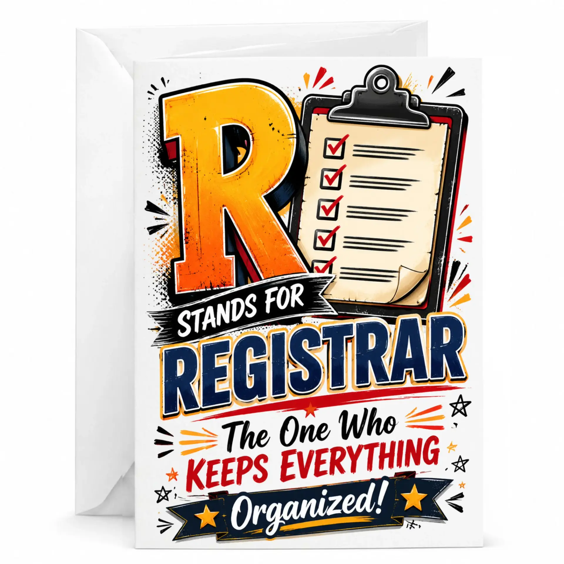Funny Greeting Card for Registrar Appreciation Gift with Clipboard Design and Heartfelt Organized Professional