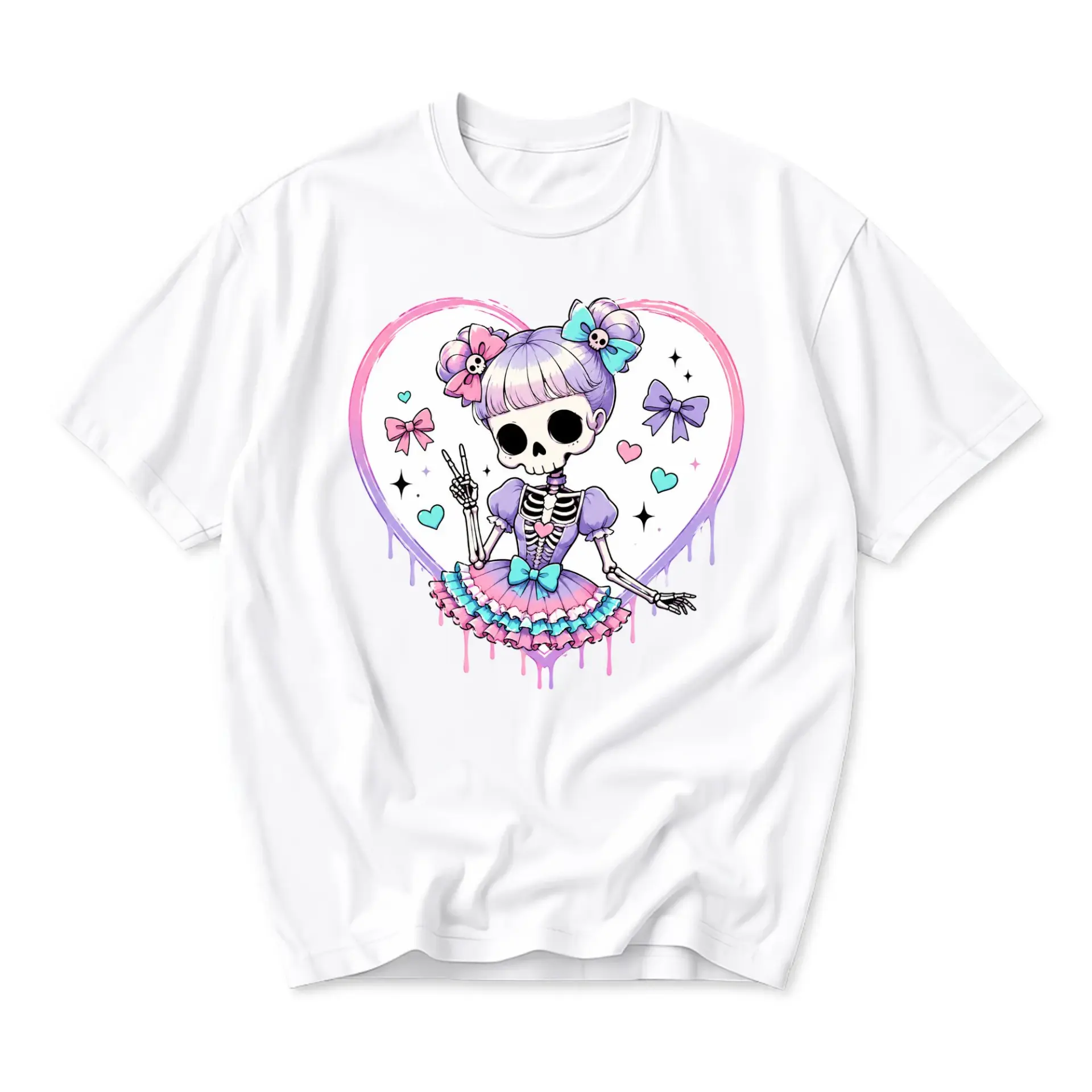 Graphic Tee Cute Skull Girl Pastel Heart Illustration Unisex Casual Crew Neck Soft Cotton Blend Apparel for Everyday
