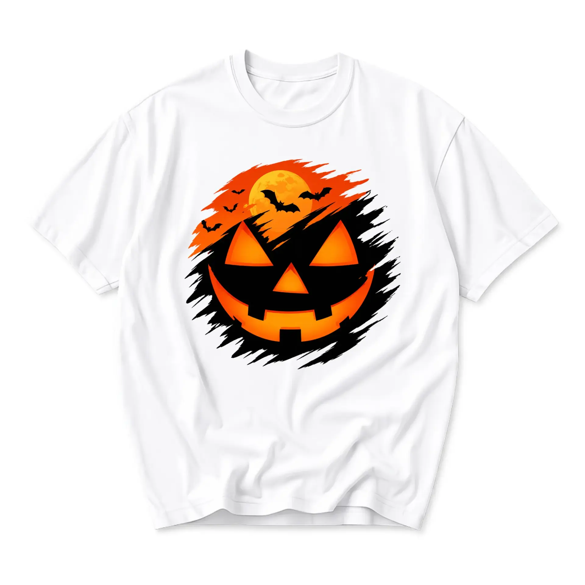 Graphic Tee Unisex Halloween Jack O Lantern T-Shirt Featuring Spooky Moon and Bat Silhouette Autumn Seasonal Apparel
