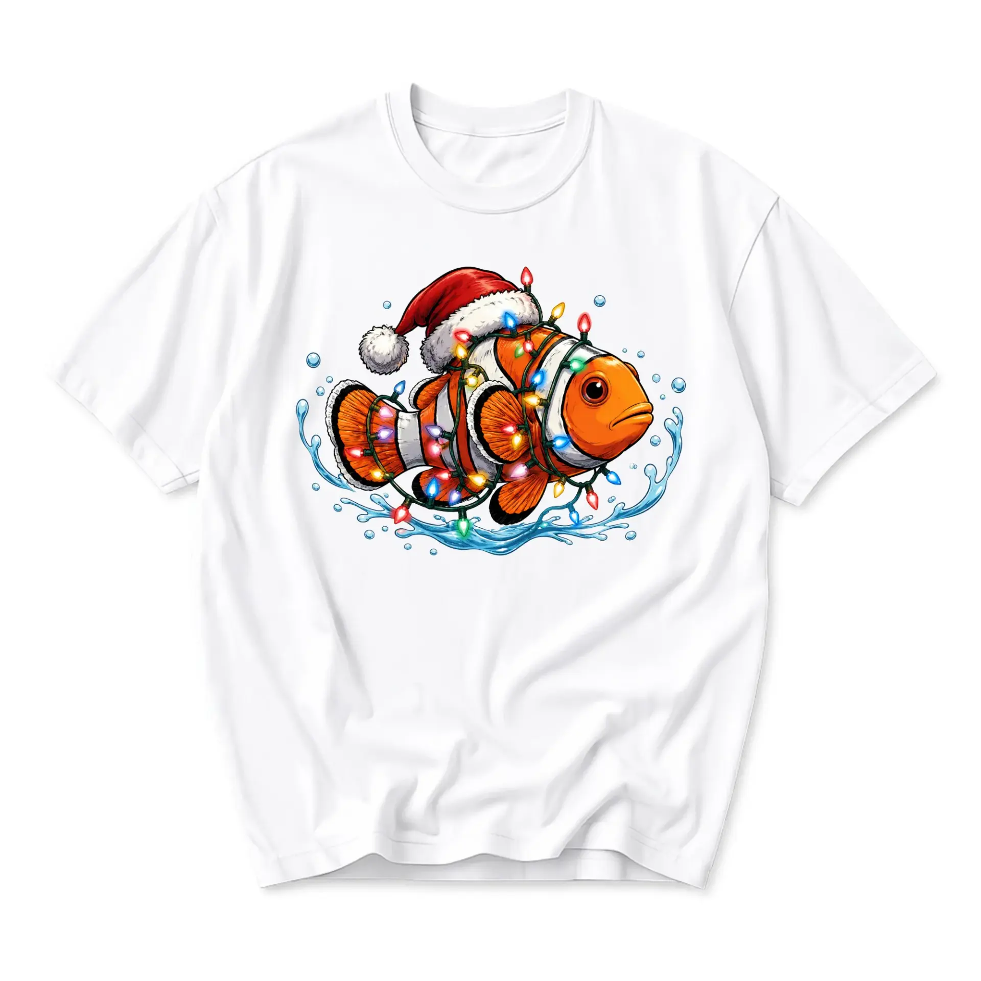 Graphic Tee Unisex Clownfish Christmas Lights Santa Hat Holiday