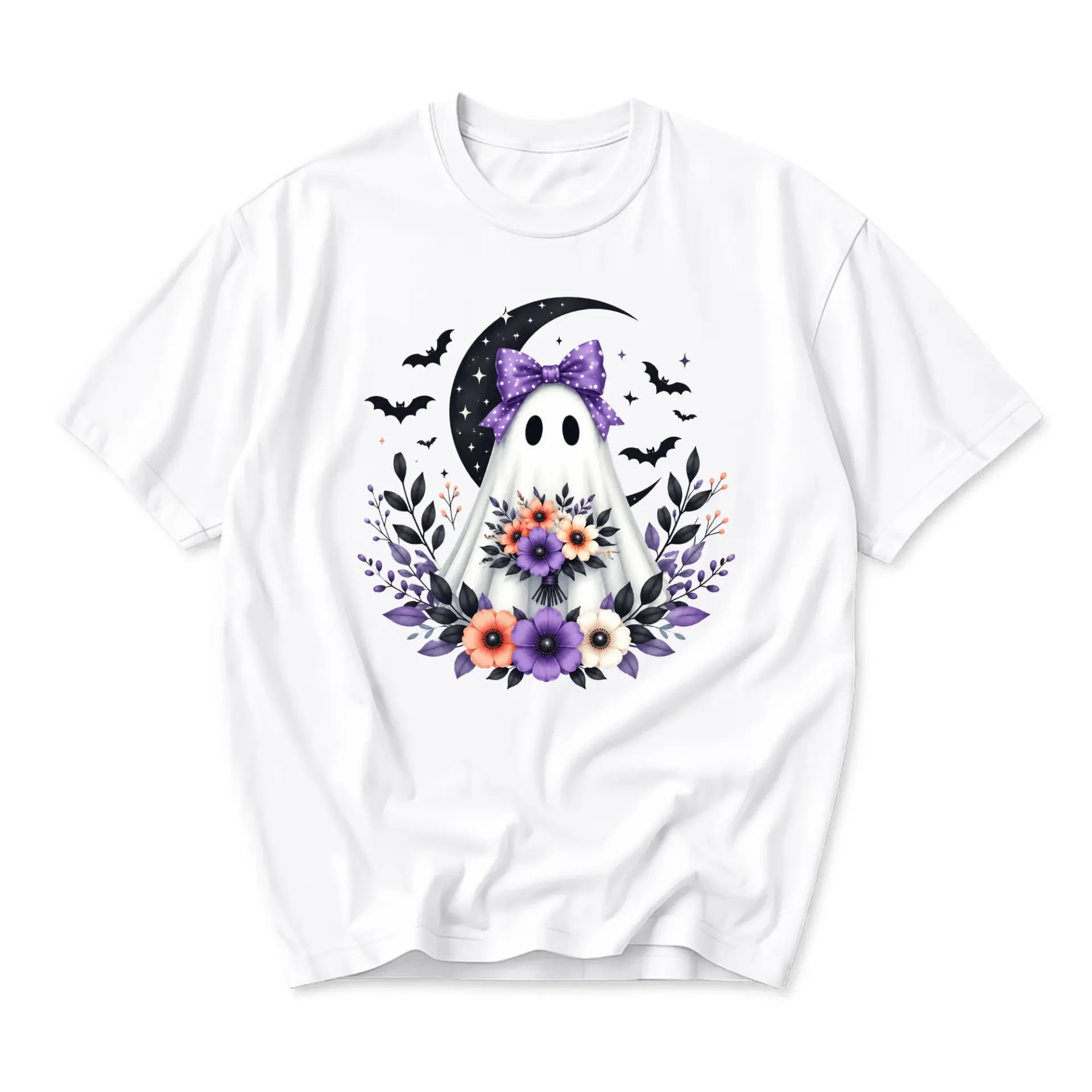 Graphic Tee Cute Ghost with Purple Bow and Floral Bouquet Illustration Unisex Casual Short Sleeve Crew Neck Shirt