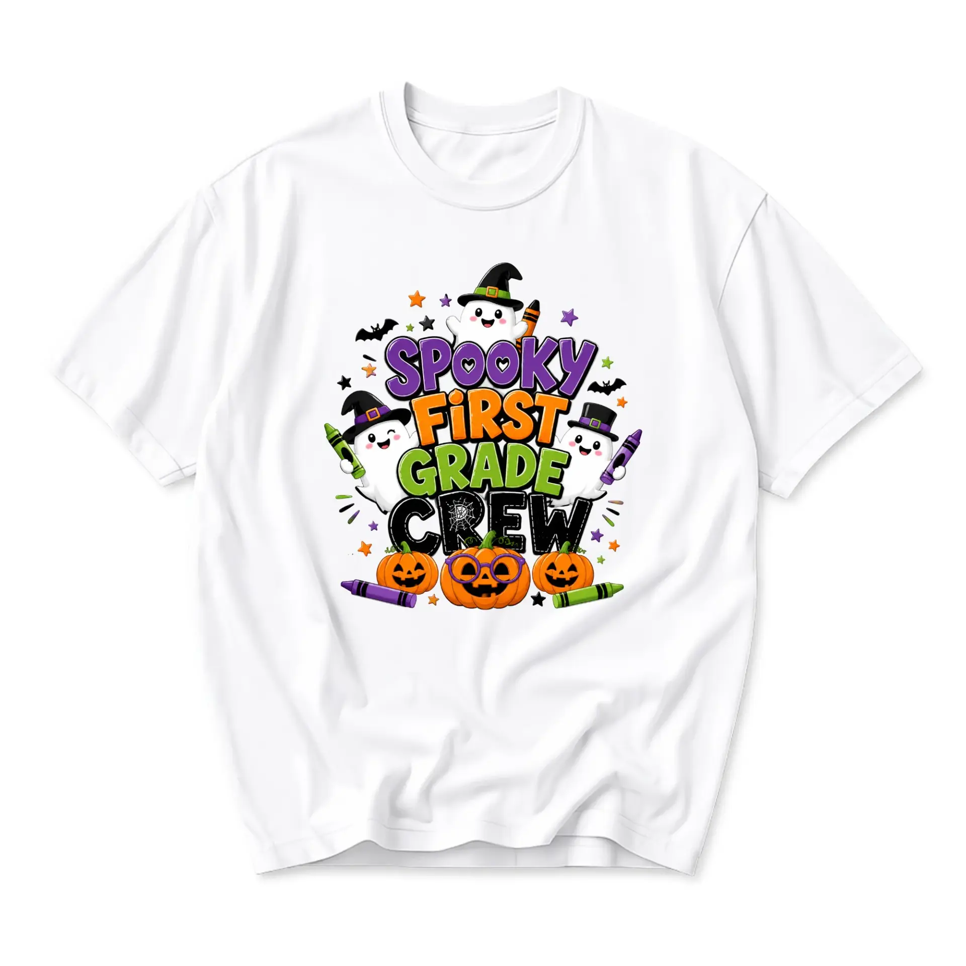Graphic Tee Spooky First Grade Crew Shirt Funny Halloween Ghost Pumpkin Apparel for Seasonal Occasions White Unisex T-Shirt