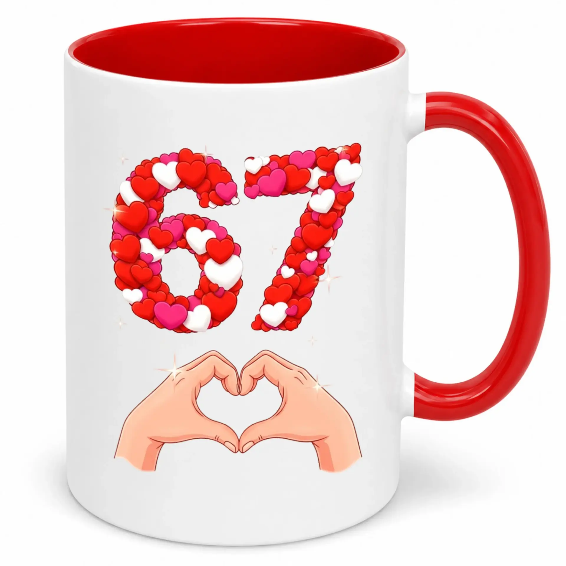 67th Birthday Coffee Mug, Milestone Anniversary Ceramic Mug with Heart Hands Design, 11oz or 15oz Glossy White Drinkware
