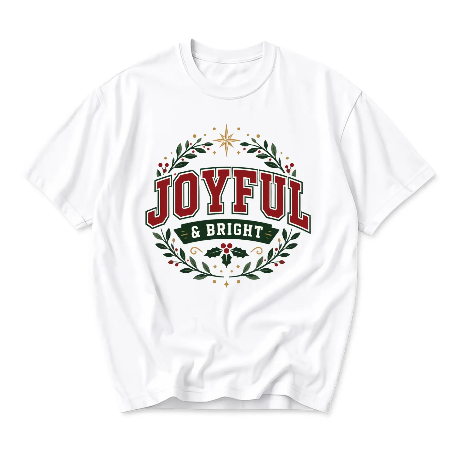 Graphic Tee Joyful and Bright Holiday Season Shirt Seasonal Festive Crew Neck Short Sleeve Casual Cotton Blend Top