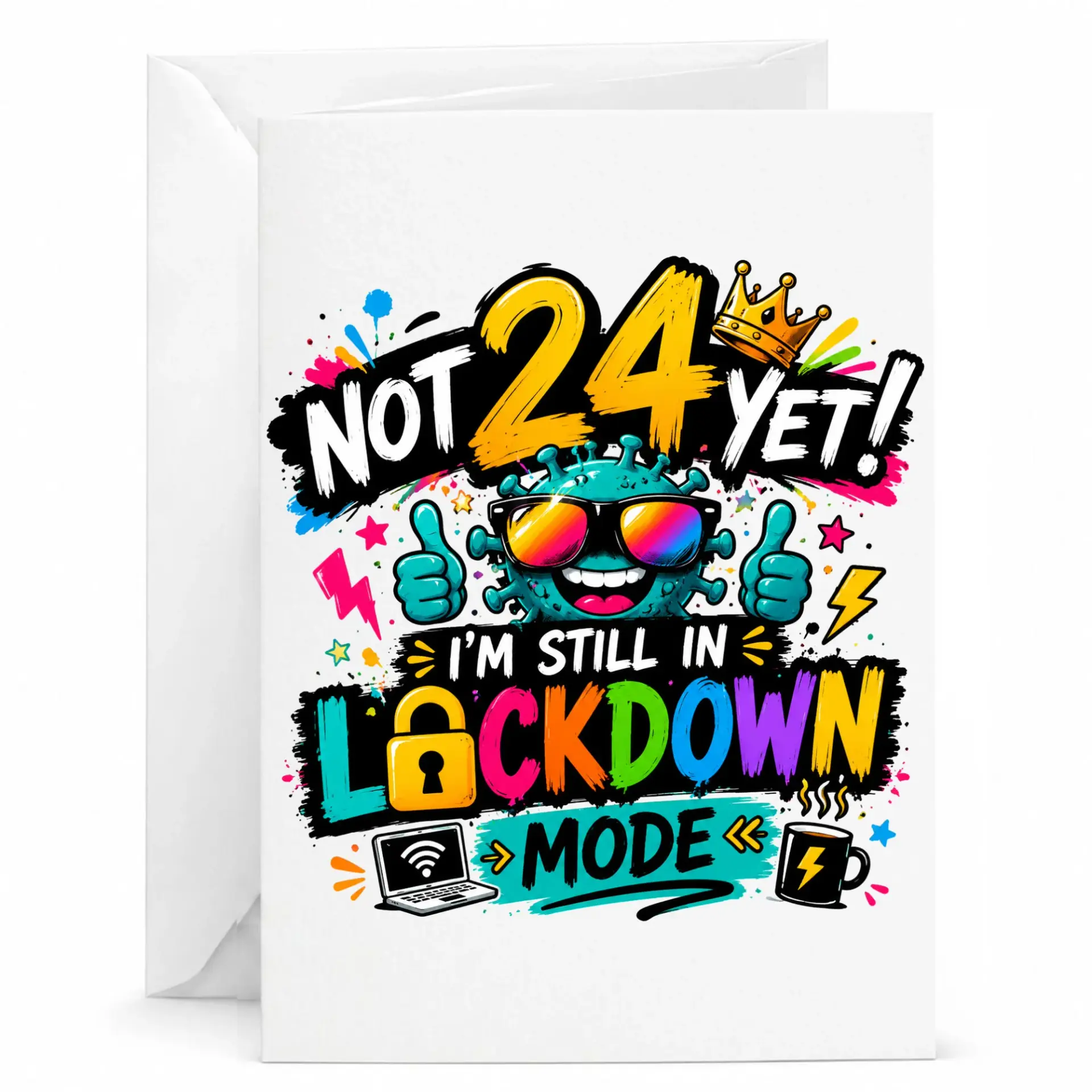 Funny Birthday Card Not 24 yet Lockdown Mode Greeting Card with Envelope, Humorous Pandemic Themed Birthday Party Stationery