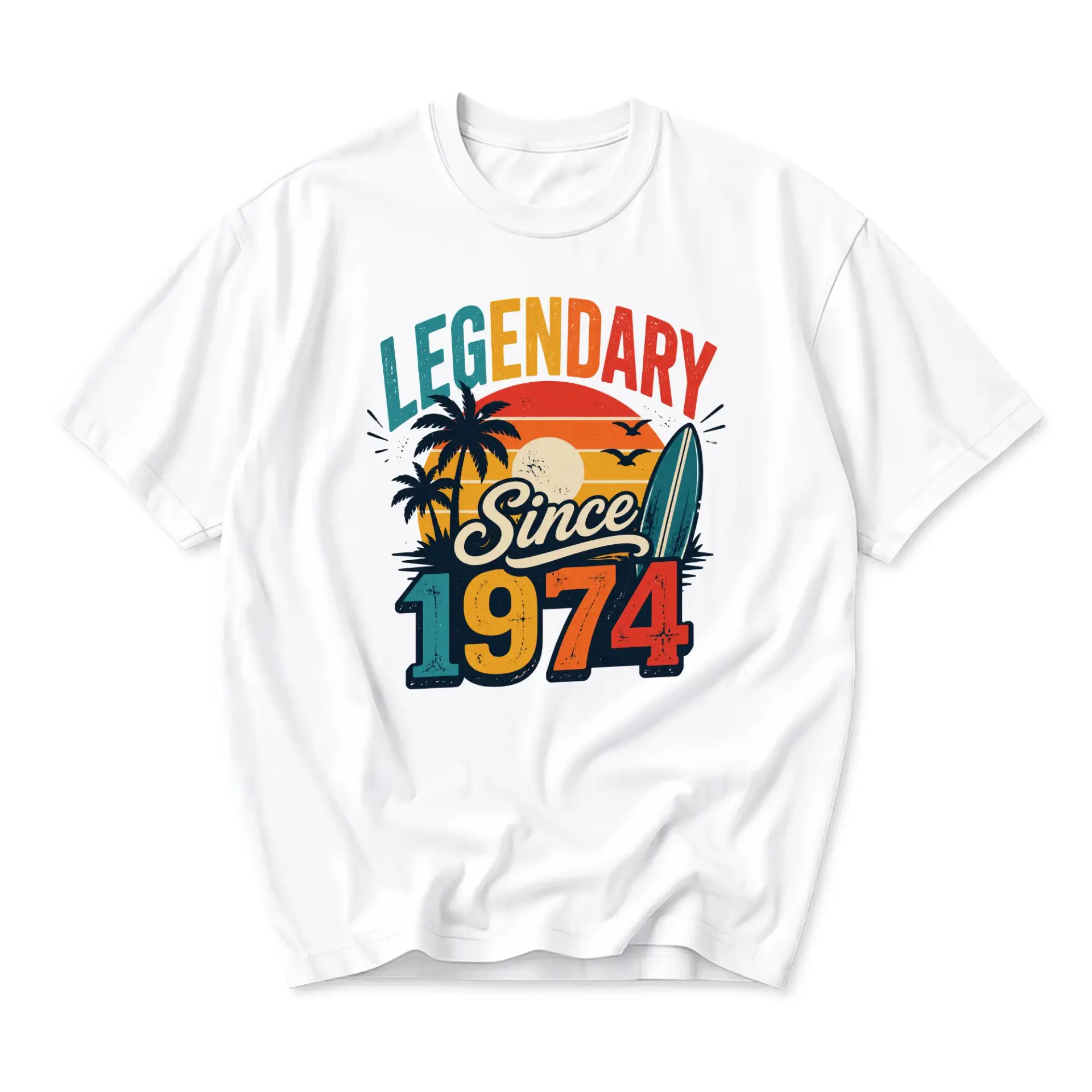 Graphic Tee Legendary Since 1974 Vintage Sunset Surf Unisex Crew Neck T-Shirt for Casual Everyday Wear Birthday Gift