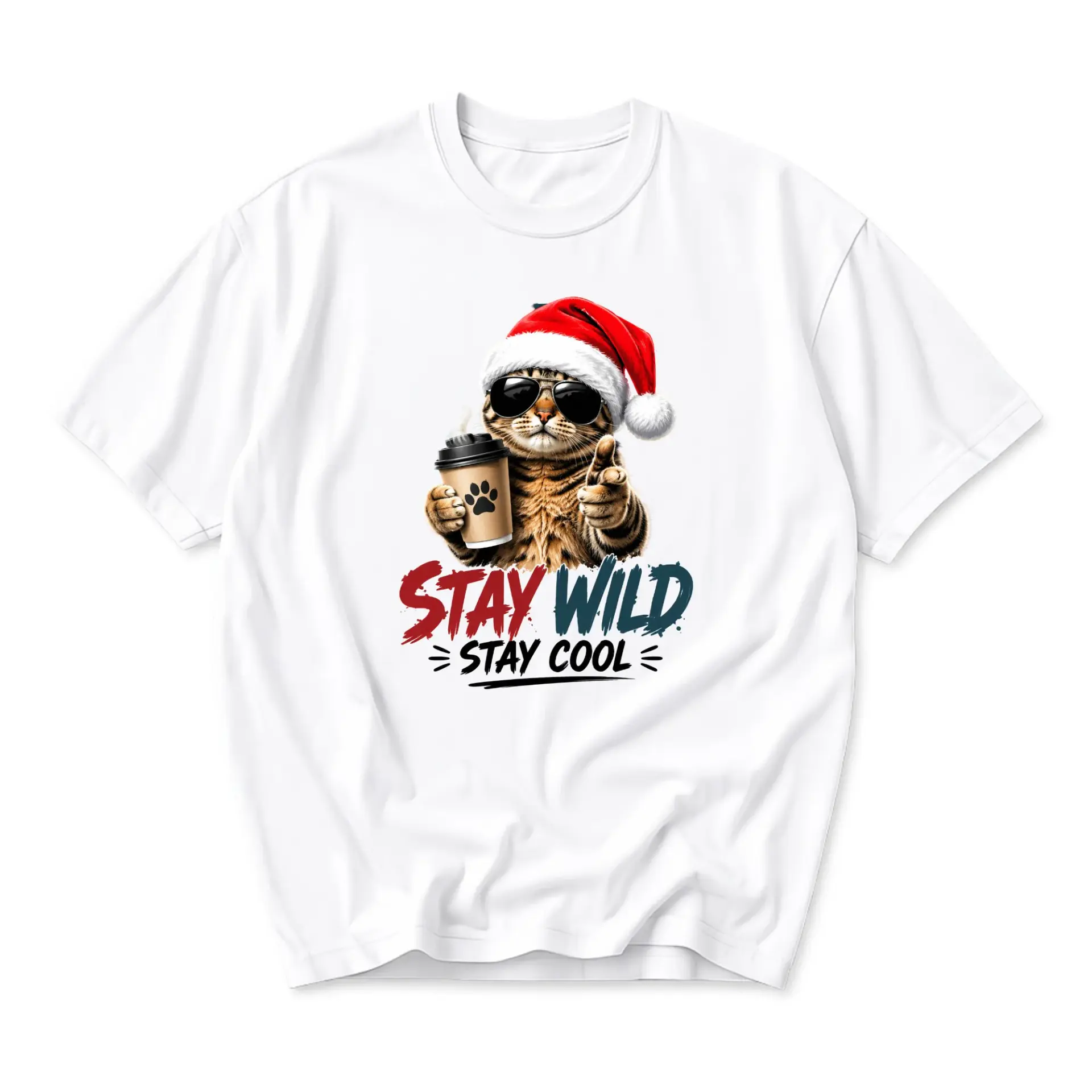 Funny Shirt Stay Wild Graphic Tee Featuring Festive Santa Hat Coffee Loving
