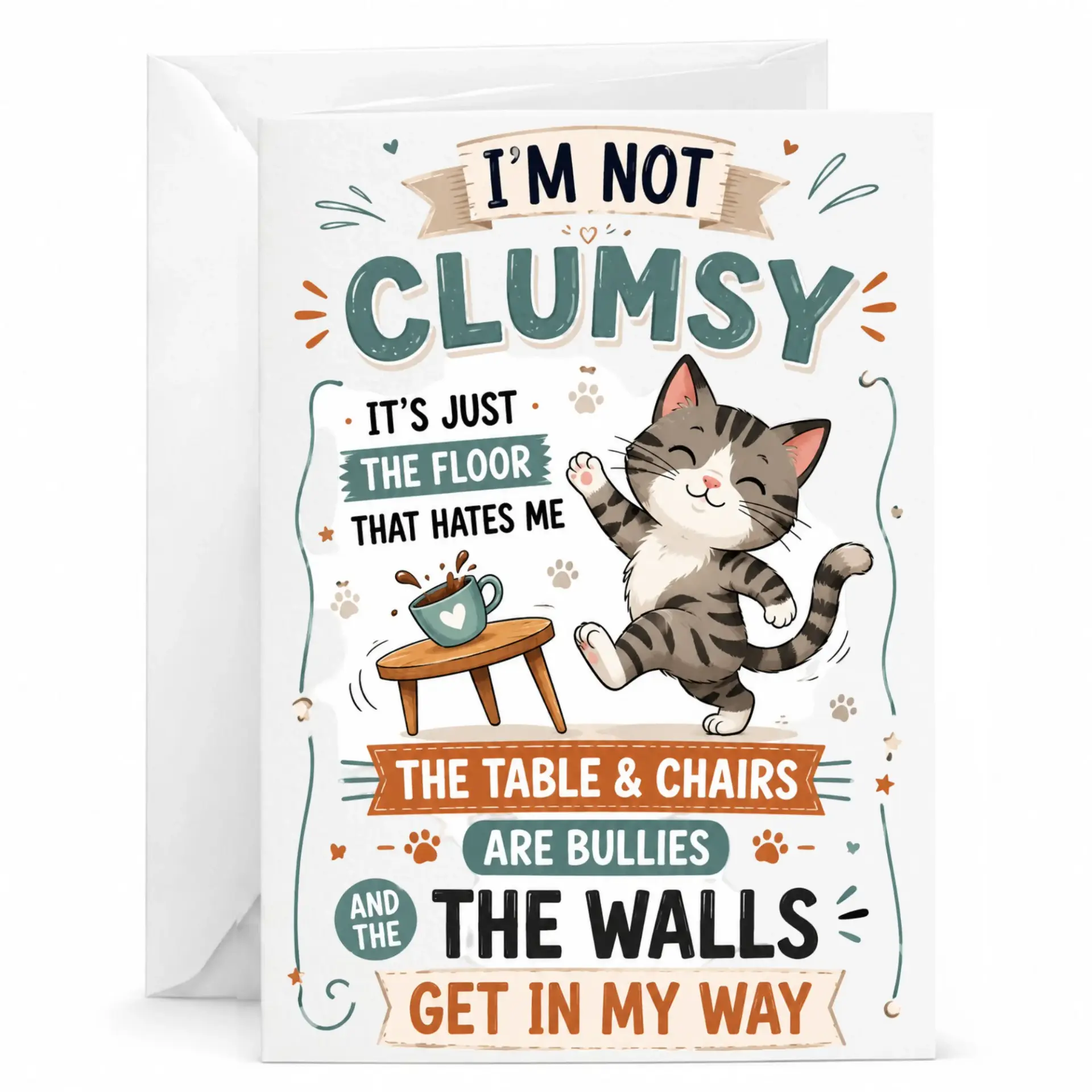 Funny Cat Greeting Card I'm Not Clumsy Cute Tabby Kitten Illustration Print for Birthday or Encouragement Wishes