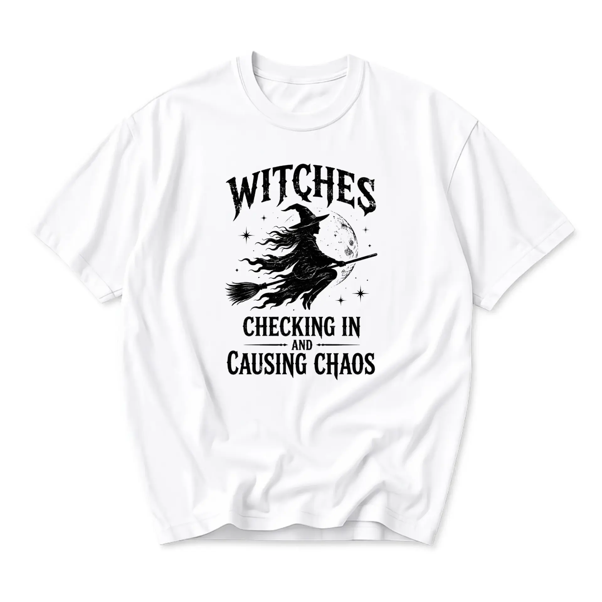 Graphic Tee Witches Checking in and Causing Chaos Funny Shirt Unisex Crew Neck Cotton Blend Casual Apparel