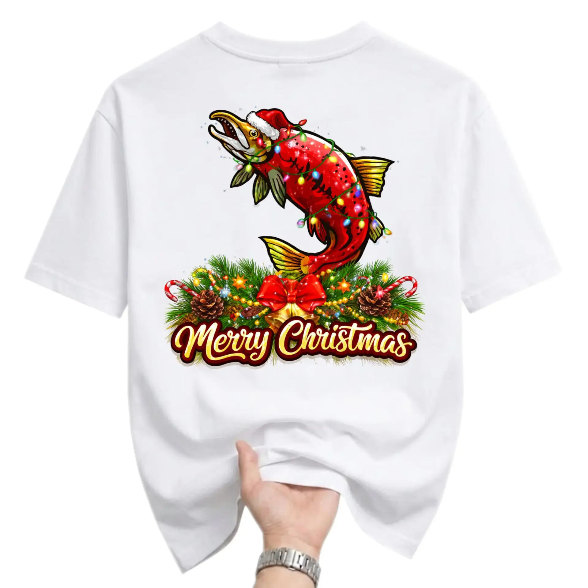 Funny Shirt Merry Christmas Salmon Graphic Tee Holiday Fish Lover Unisex Crew Neck Cotton Blend Casual Top