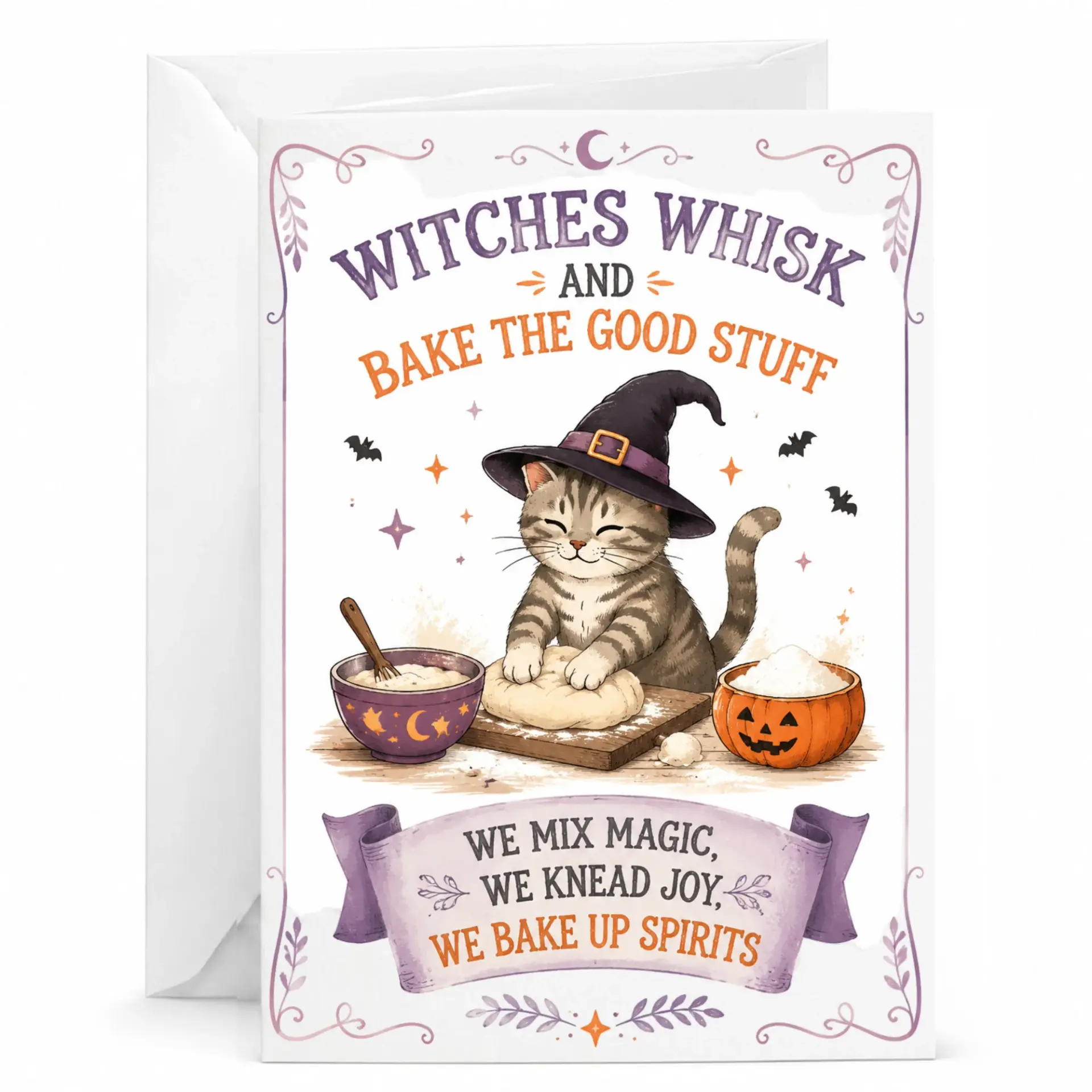 Funny Cat Halloween Greeting Card Witches Whisk and Bake Whimsical Kitchen Art Note 5x7 Inches