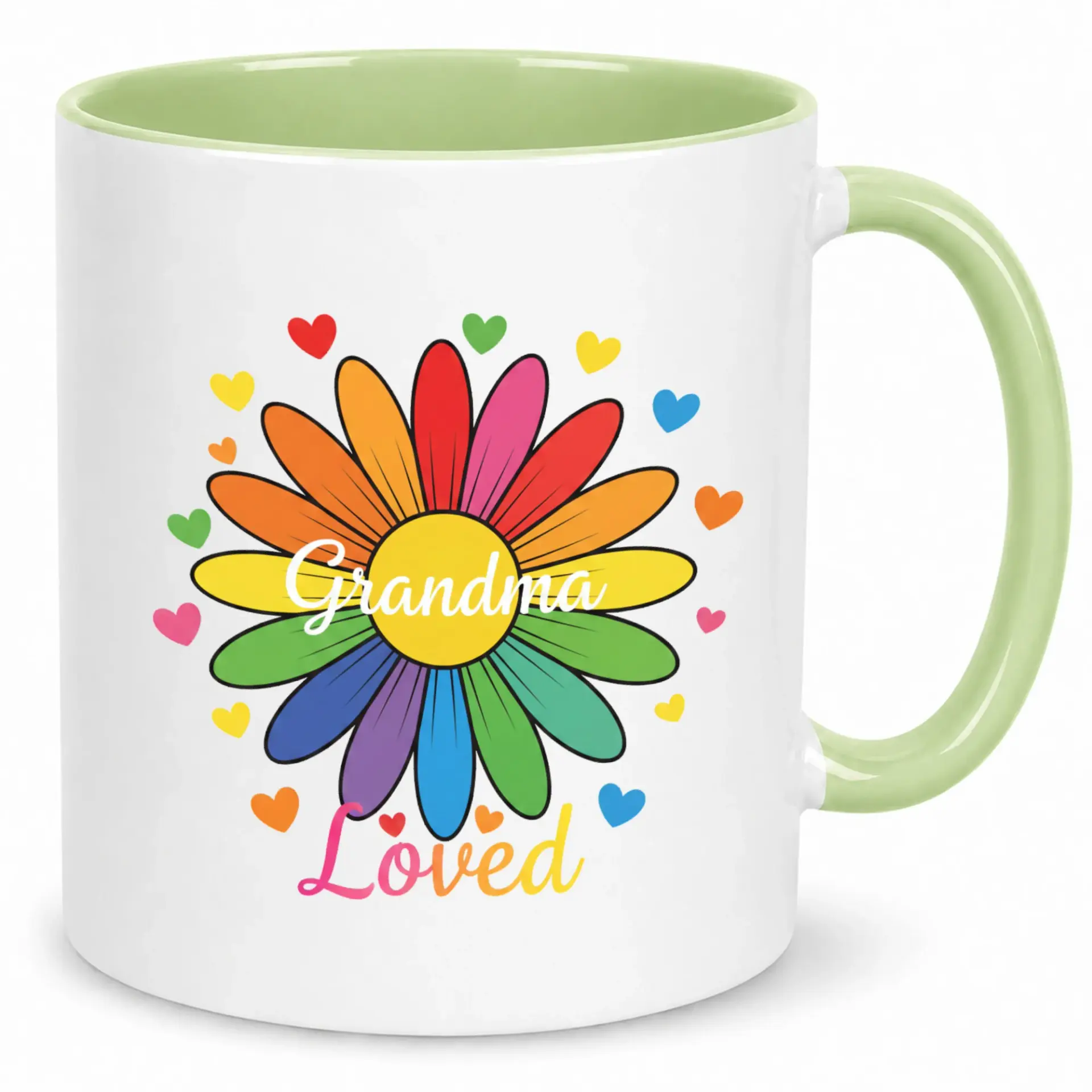 Ceramic Coffee Mug for Grandma, Colorful "grandma Loved" Rainbow Daisy Flower Design with Hearts, Thoughtful Gift for Grandparents.