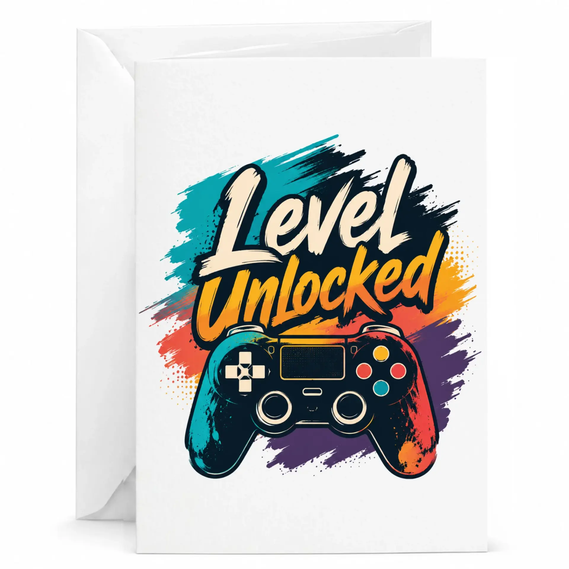 Birthday Card Level Unlocked Video Game Greeting Card for Gamers Friends and Family with Matching White Envelope