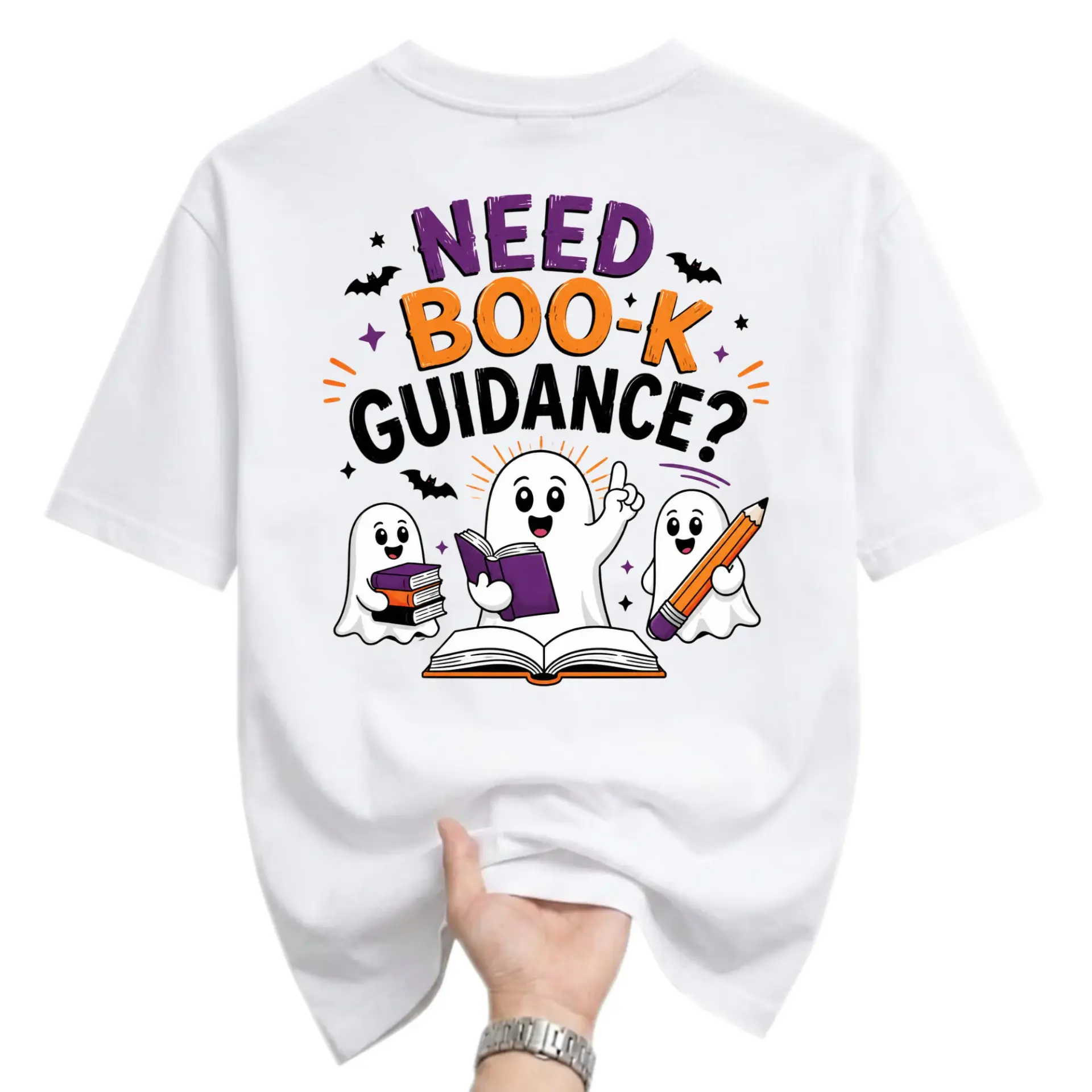 Funny Shirt Need Boo-K Guidance Cute Ghost Graphic Tee Unisex Crew Neck Apparel for Book Lovers and Casual Everyday Wear