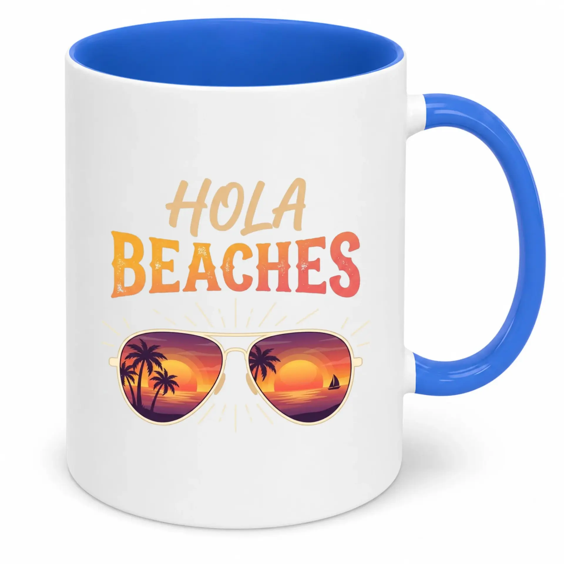 Funny Beach Themed Ceramic Coffee Mug with Hola Beaches Quote and Sunset Sunglasses Design, Unique Drinkware for Home or Office Gift Idea