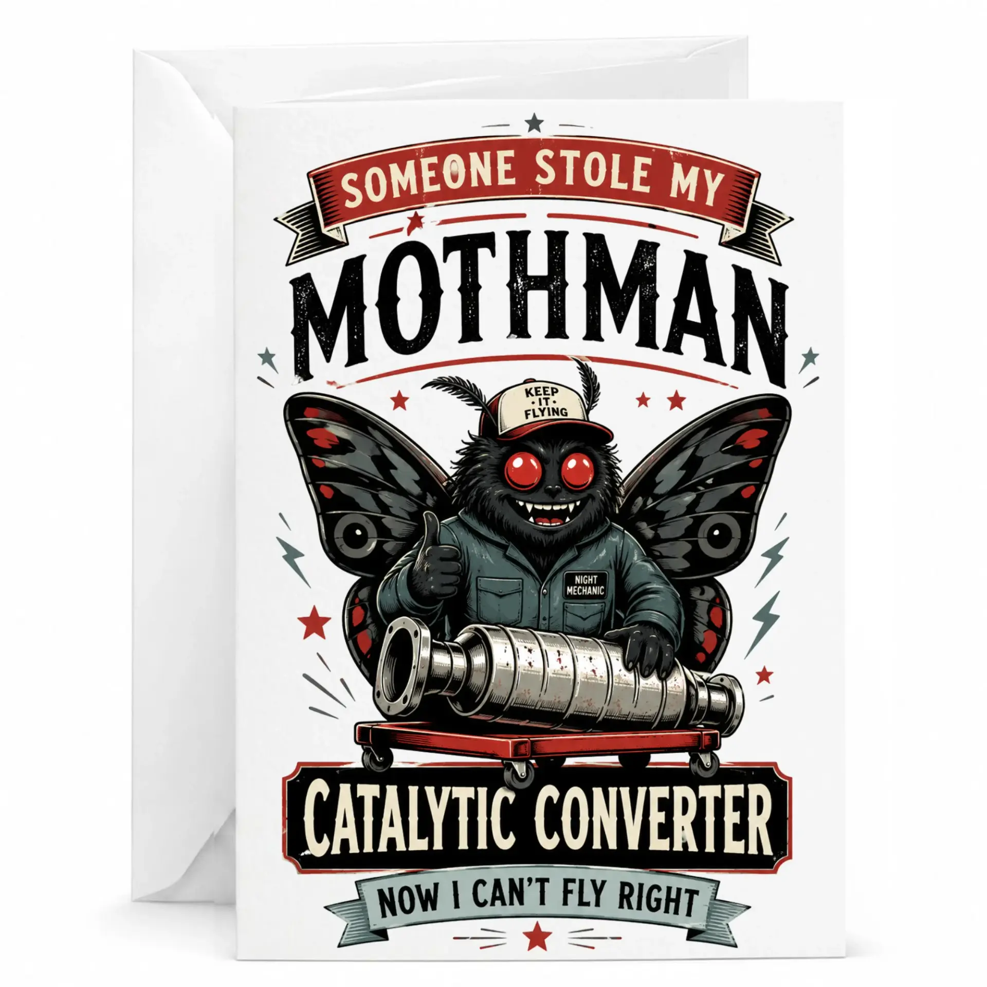 Funny Greeting Card Someone Stole My Mothman Catalytic Converter Cryptid Enthusiast Novelty Paper Stationery 5x7 Inches