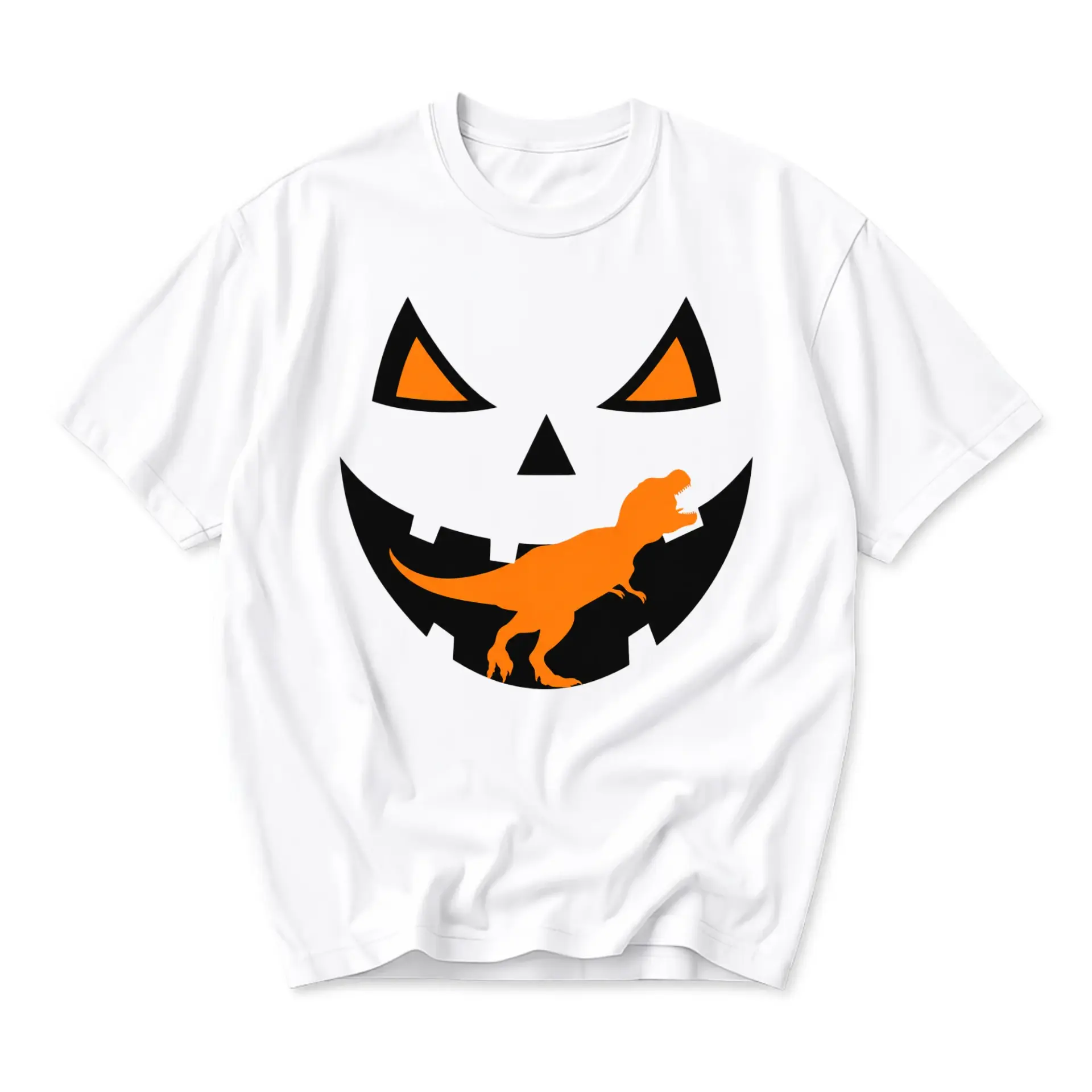 T-shirt Graphic Tee Featuring Orange T-Rex Dinosaur Inside a Jack O Lantern Pumpkin Face for Seasonal Wear