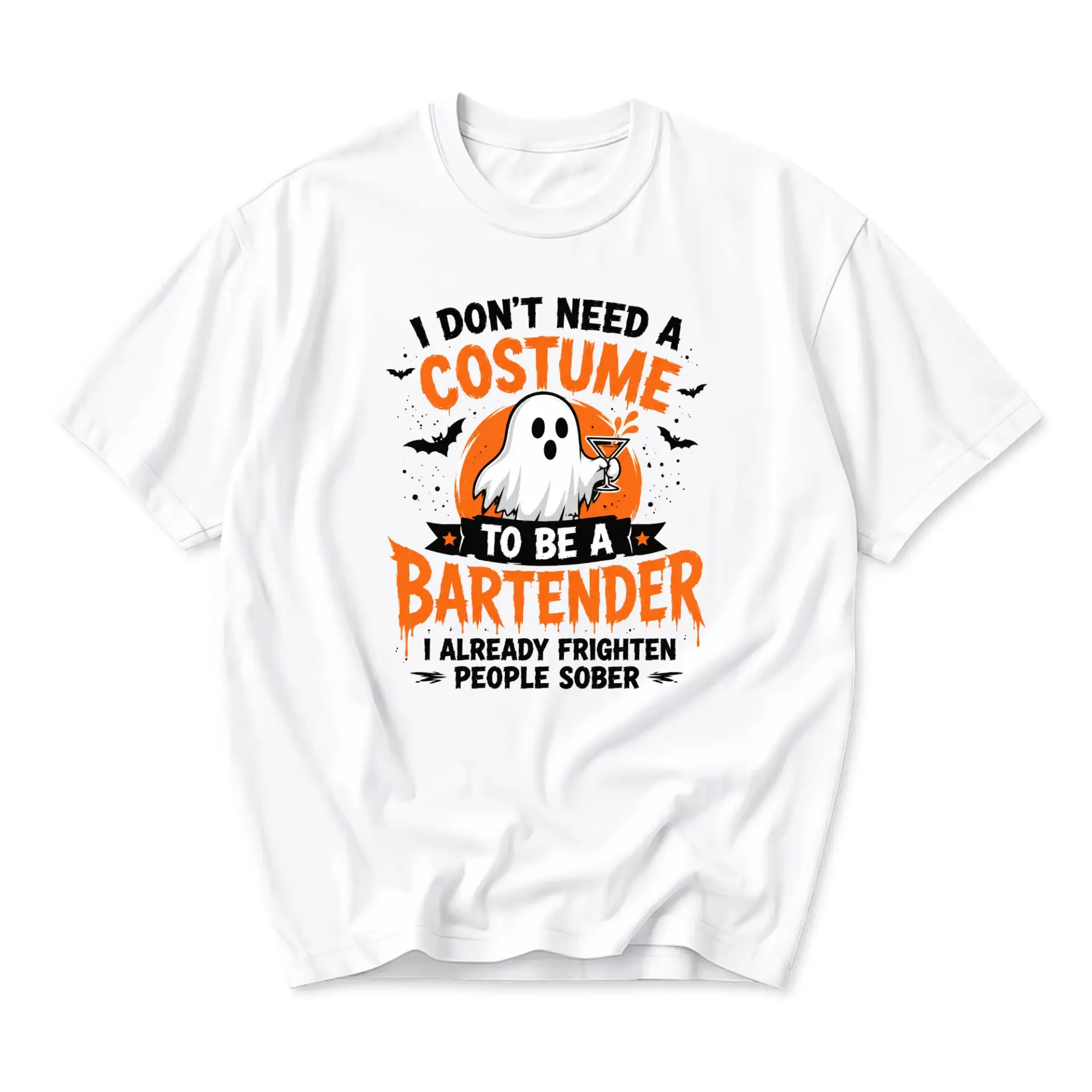Funny Shirt Unisex Graphic Printed T-Shirt I Don't Need a Costume to Be a Bartender Spooky Ghost Seasonal Apparel