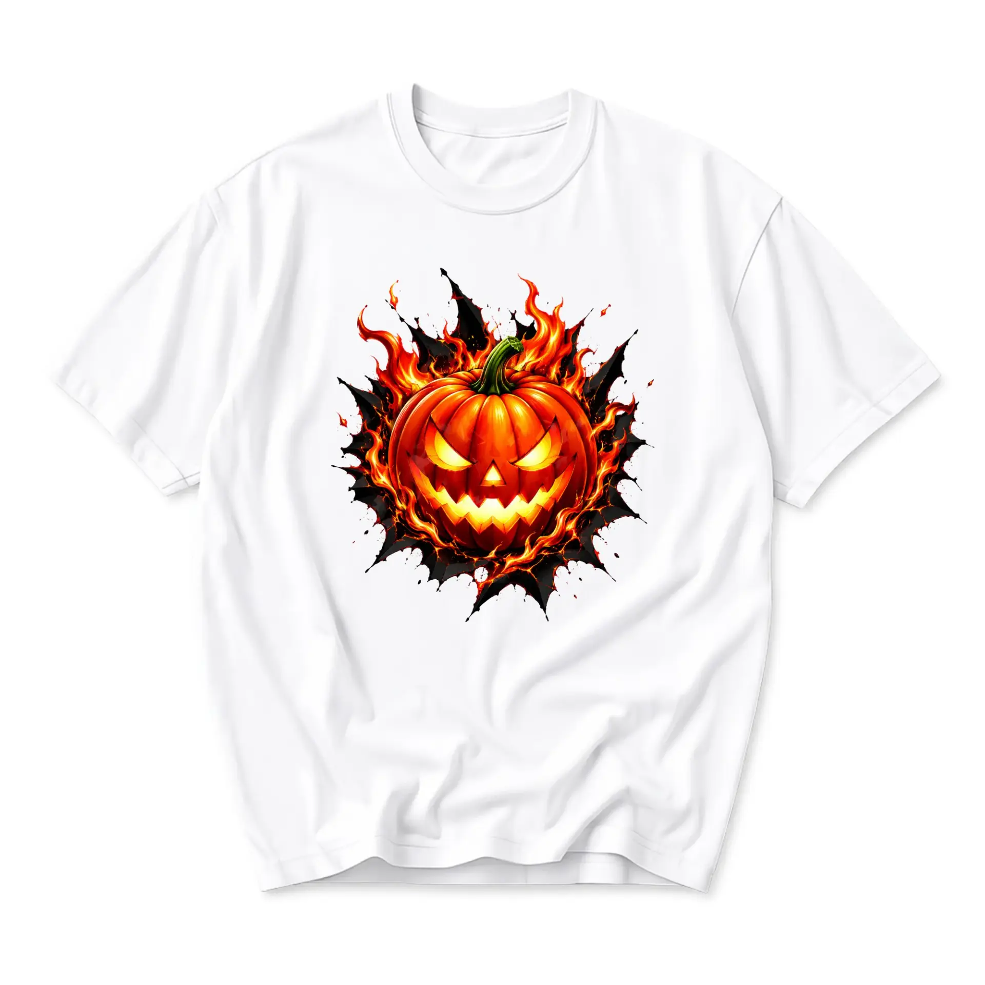 Graphic Tee Unisex Crew Neck T-Shirt Featuring a Fiery Jack O Lantern Pumpkin Design for Fall Holiday Fashion