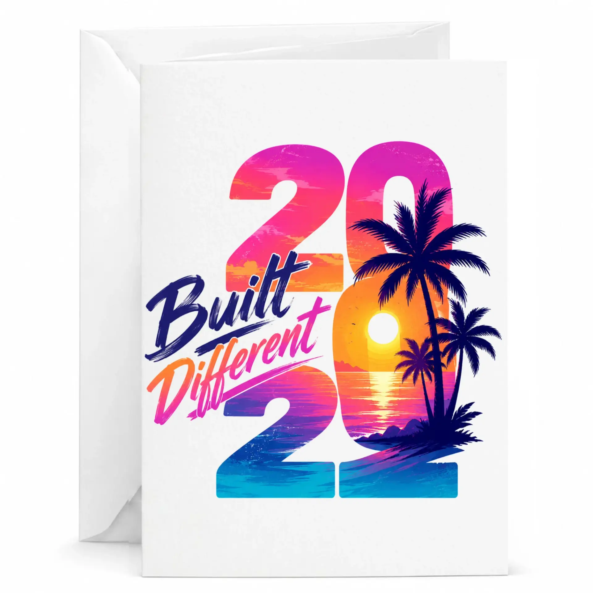 Greeting Card Built Different 2021 Tropical Sunset Design, Folded Note Card for Birthday Anniversary Encouragement