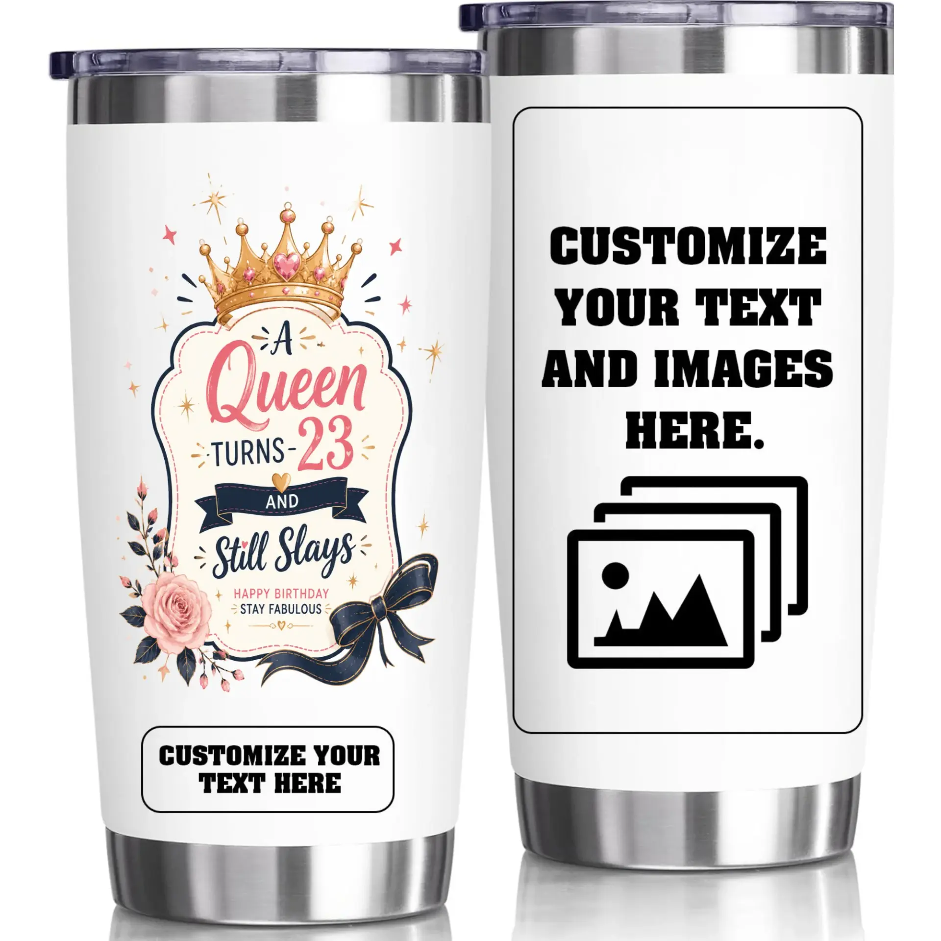 Stainless Steel Tumbler 20oz Birthday Gift Featuring Floral Crown Design for Twenty Third Birthday Celebration Cup