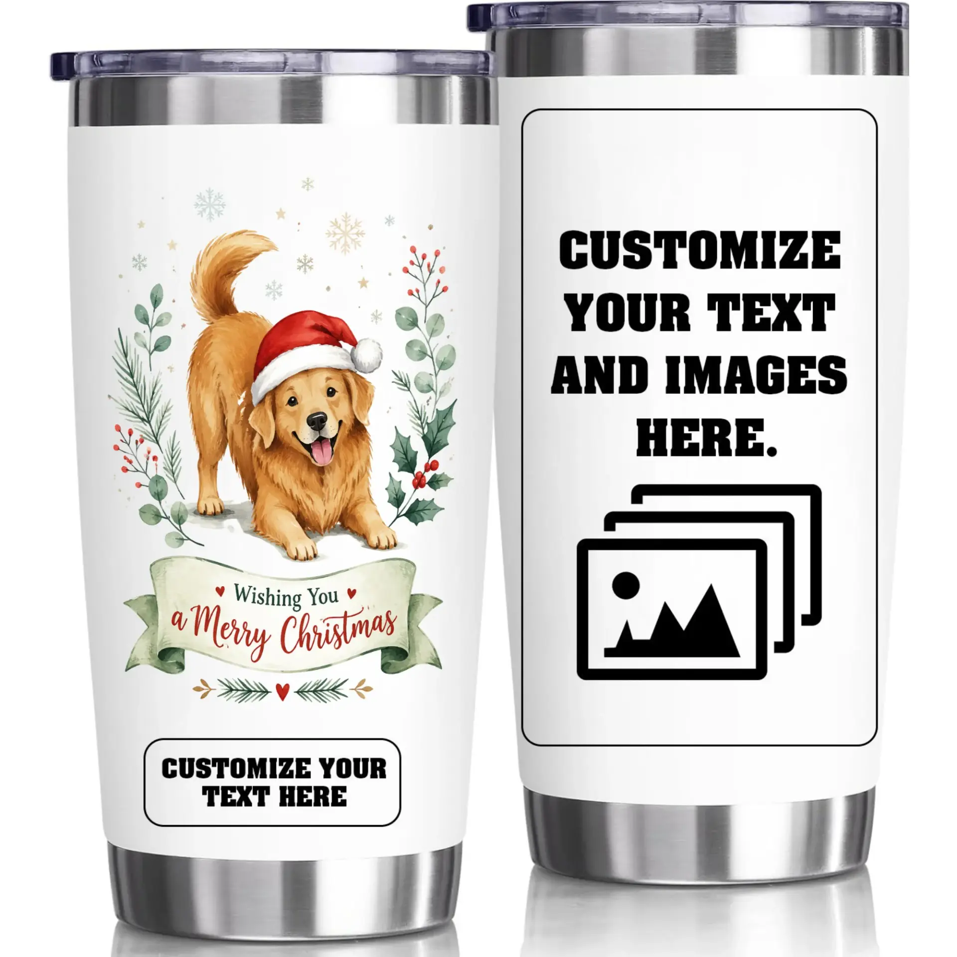 Stainless Steel Tumbler 20oz Christmas Golden Retriever Insulated Travel Cup with Customizable Holiday Design Pattern