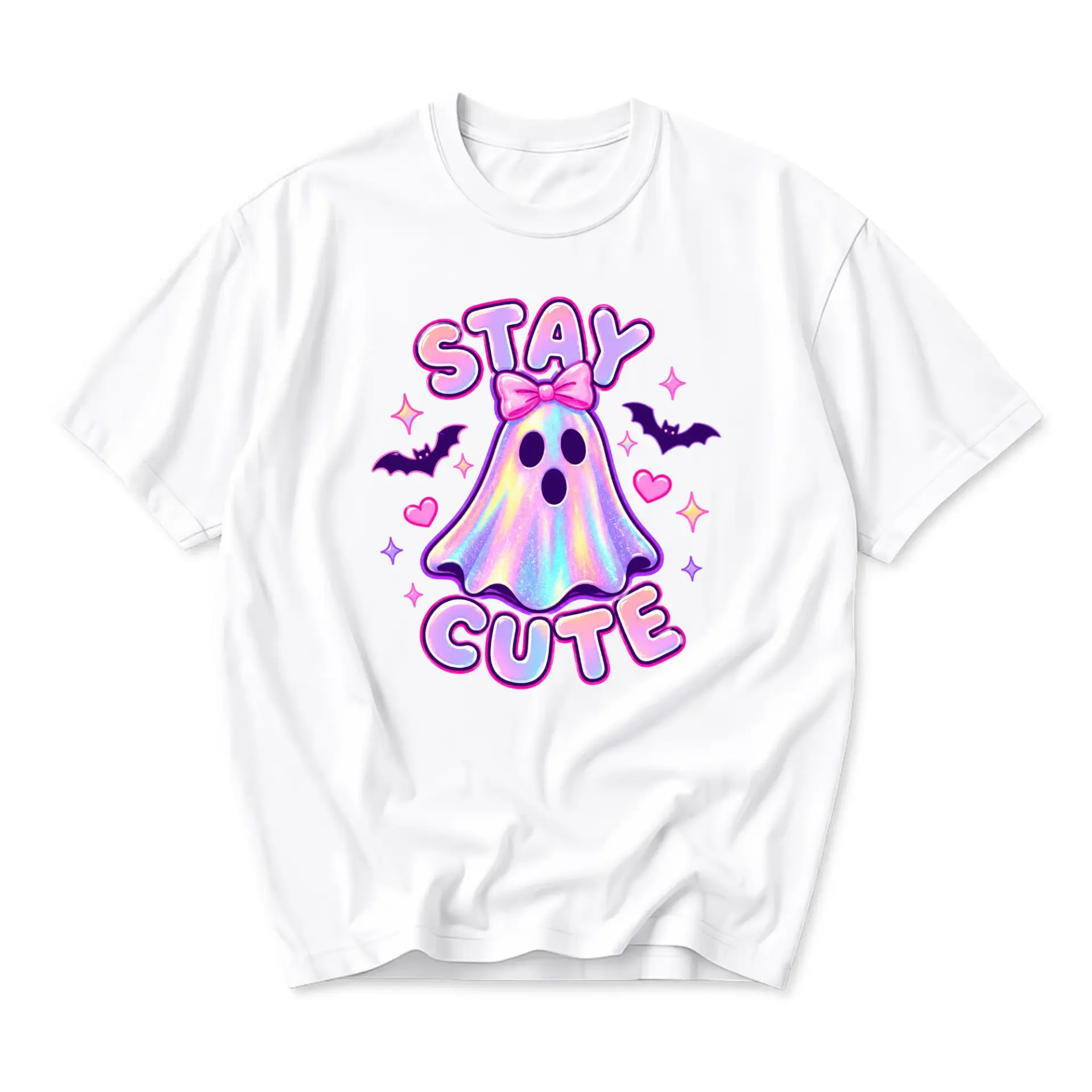 Graphic Tee Stay Cute Ghost Shirt Pastel Aesthetic Halloween Inspired Unisex Crew Neck Short Sleeve Casual Cotton Top